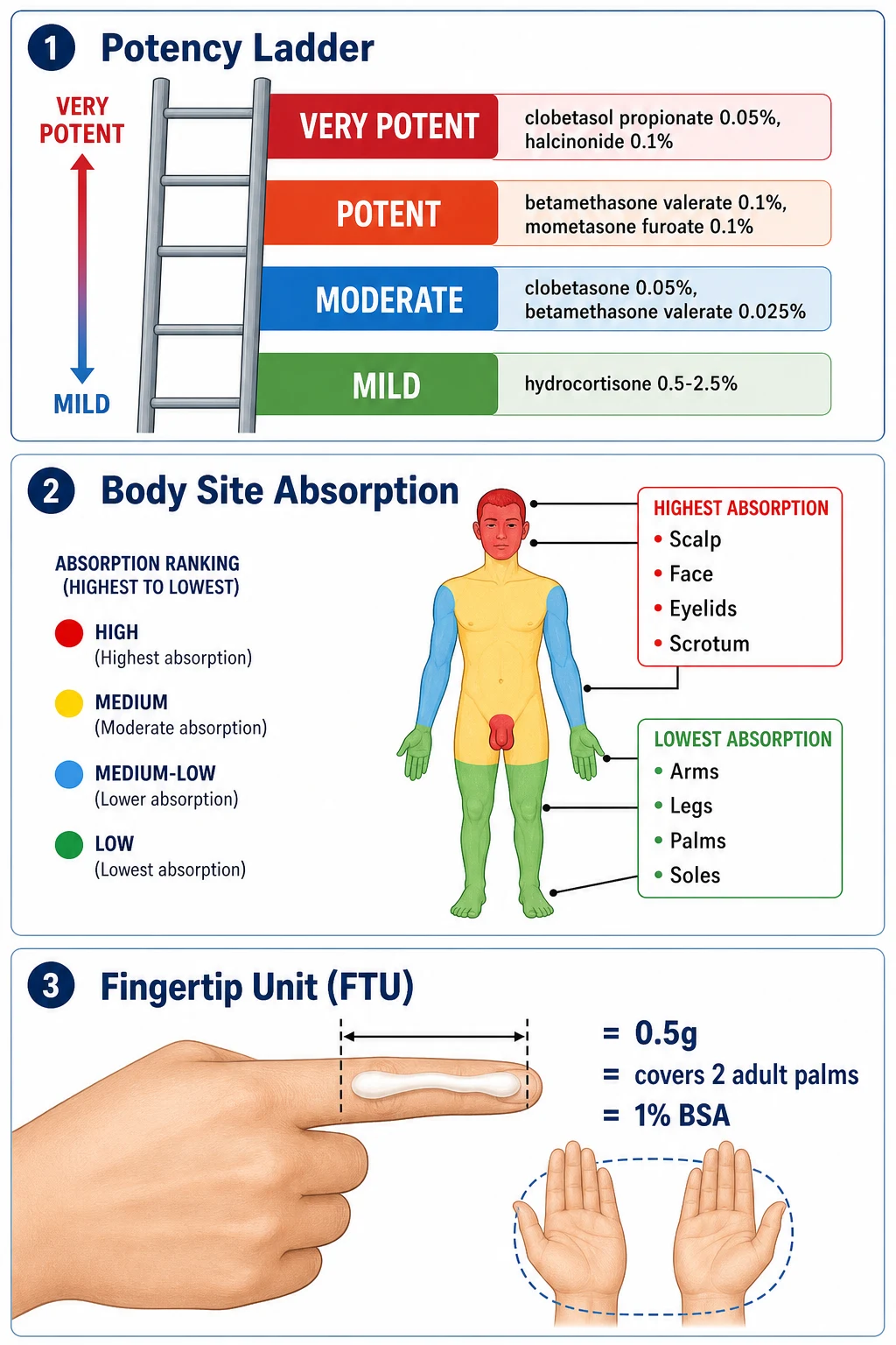 Three panels: potency ladder from hydrocortisone to clobetasol; body site absorption map with red high-absorption face and green low-absorption palms; fingertip unit diagram showing 0.5 g covering two adult palms