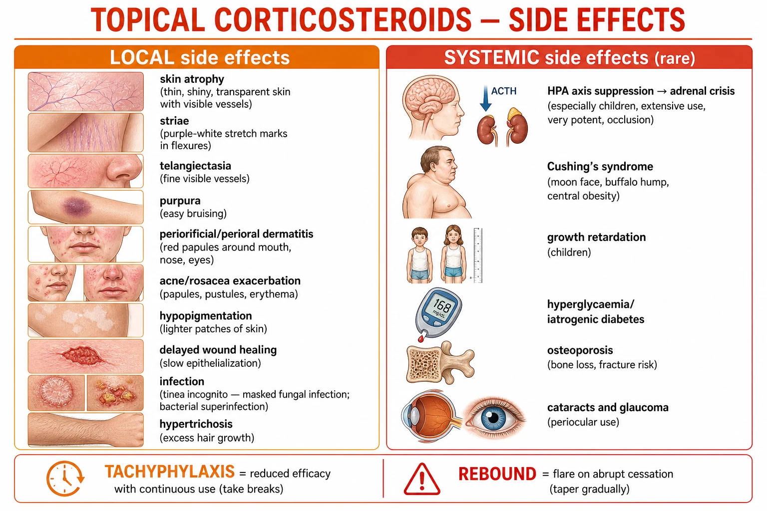 Two-column diagram showing local adverse effects (atrophy, striae, telangiectasia, periorificial dermatitis, acne, tinea incognito) and systemic adverse effects (HPA suppression, Cushing's, growth retardation, cataracts/glaucoma)