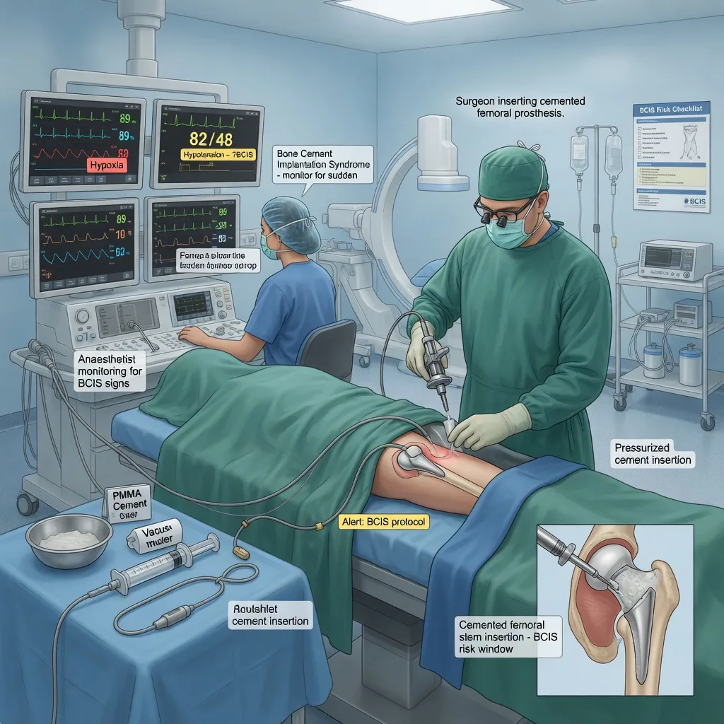 Tourniquet physiology, bone cement implantation syndrome, and fat embolism overview educational illustration