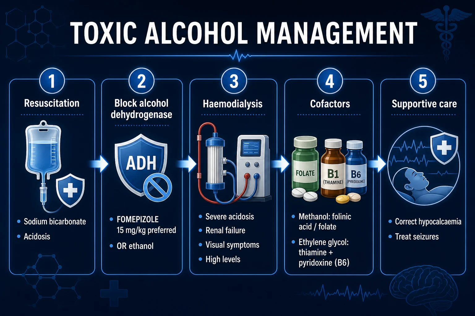 Clean stepwise management infographic: resuscitation, block ADH with fomepizole or ethanol, sodium bicarbonate, cofactors (folinic acid for methanol; thiamine and pyridoxine for ethylene glycol), and haemodialysis with indications