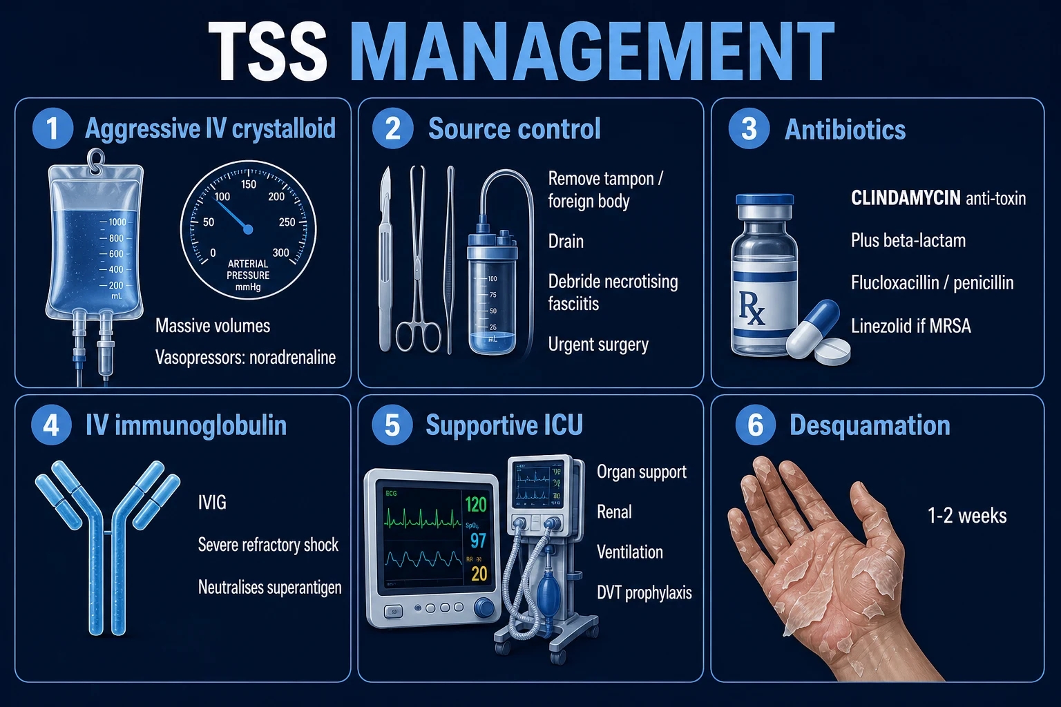 TSS management ladder: source control, anti-toxin clindamycin, bactericidal beta-lactam, IVIG, organ support