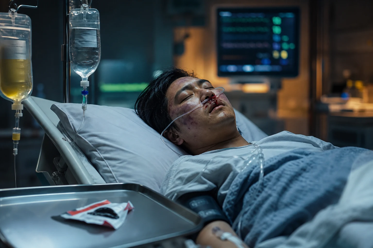 Cinematic ICU scene of a patient with a nosebleed and skin bruising, an IV vitamin K and prothrombin-complex-concentrate infusion set up, a torn rodenticide-bait packet on a tray, vital-signs monitor glowing behind in clinical-blue light