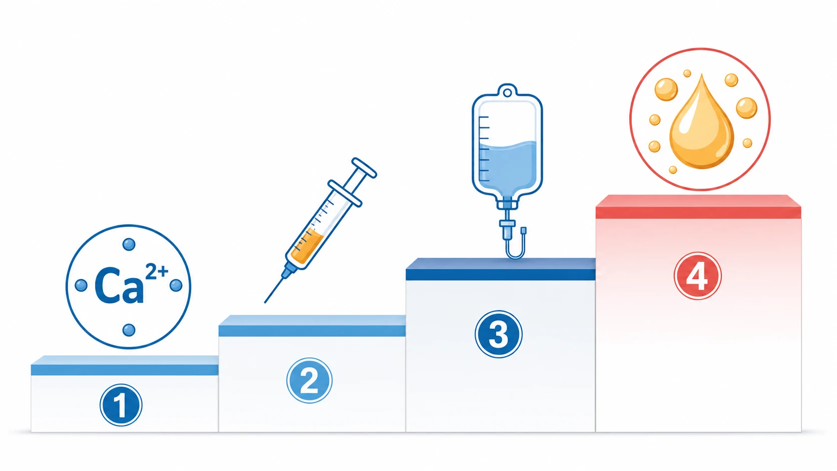 Four ascending staircase steps: calcium-ion icon, insulin-syringe icon, vasopressor-drip icon, and a fat-droplet lipid icon, on a white clinical-blue background with red on the top step