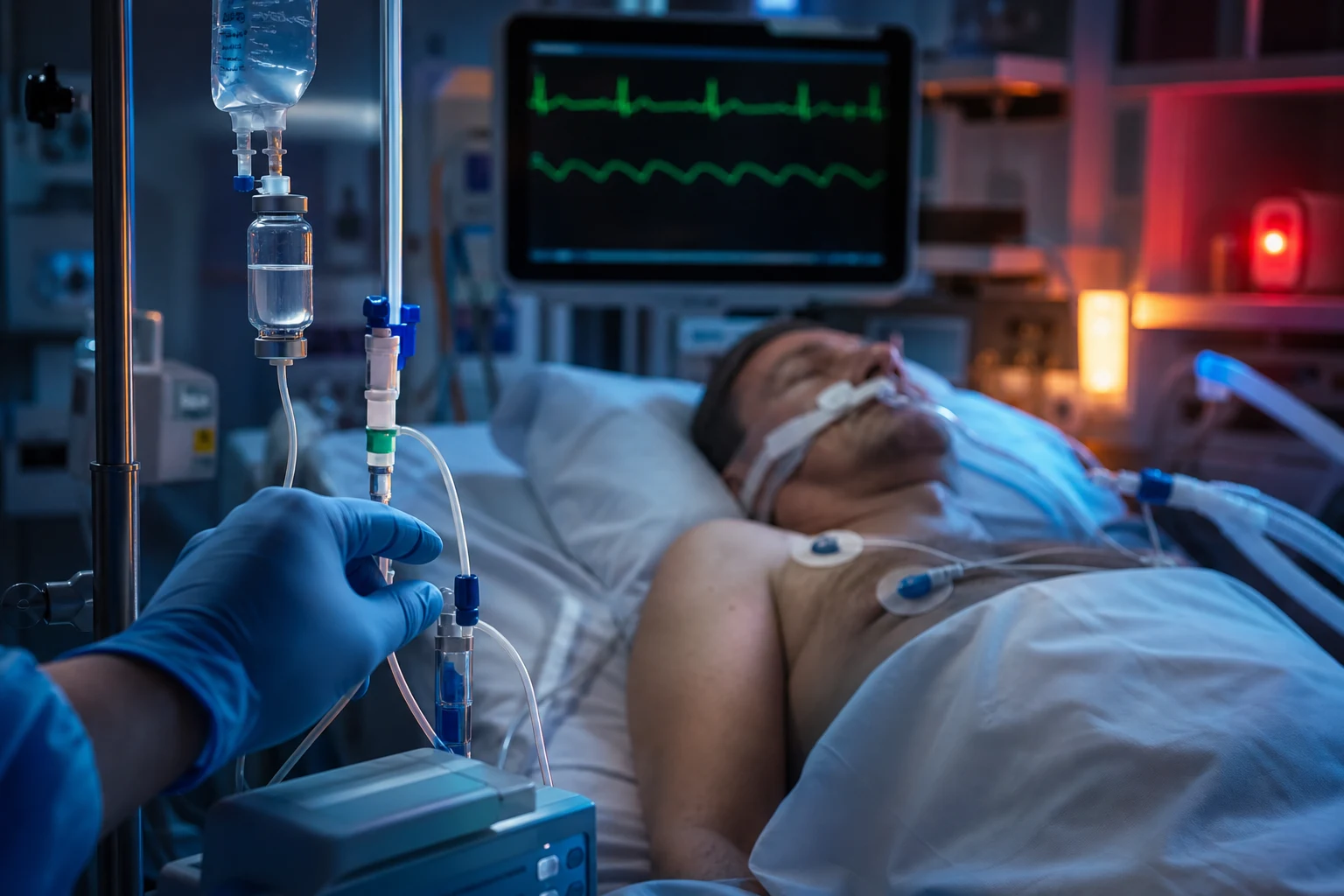 Cinematic ICU scene of an unconscious patient, a cardiac monitor showing a slow bradycardic rhythm, an IV calcium vial and an insulin-dextrose infusion set up beside the bed, clinical-blue lighting with a faint red warning glow