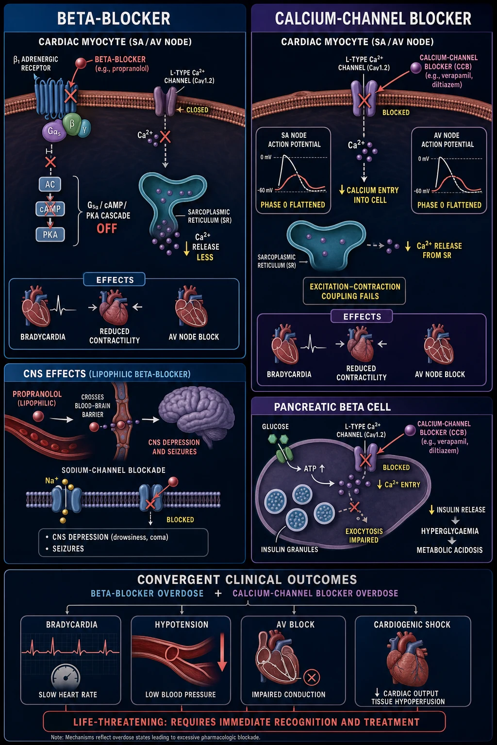 Beta-blocker and CCB cardiac depression pathways with HIET calcium glucagon lipid ECMO rescue ladder