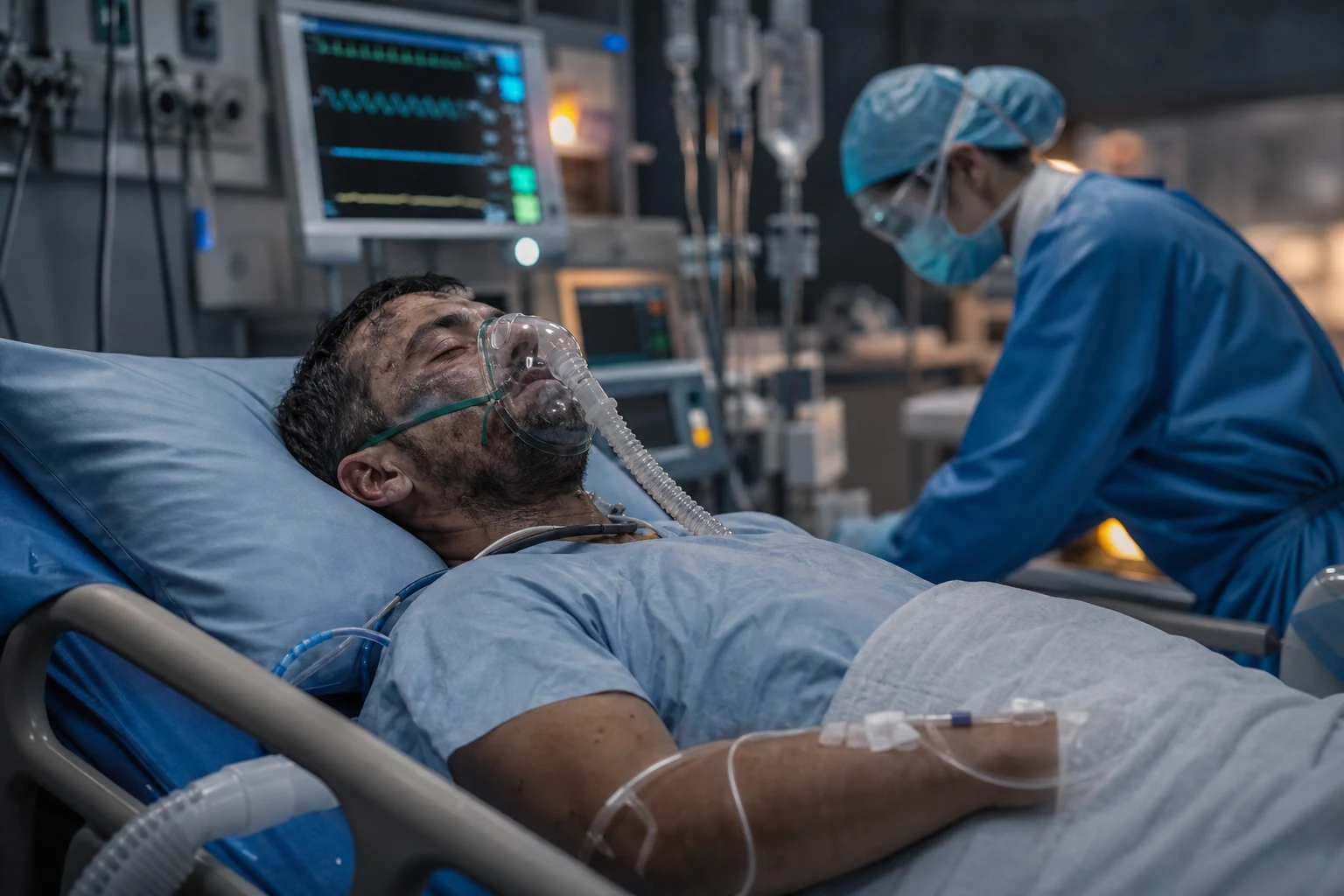Cinematic ICU scene of an unconscious patient with faint soot marks around the mouth and nose, a high-flow oxygen mask, IV line, vital-signs monitor glowing behind in clinical-blue light with a faint smoky-grey tint