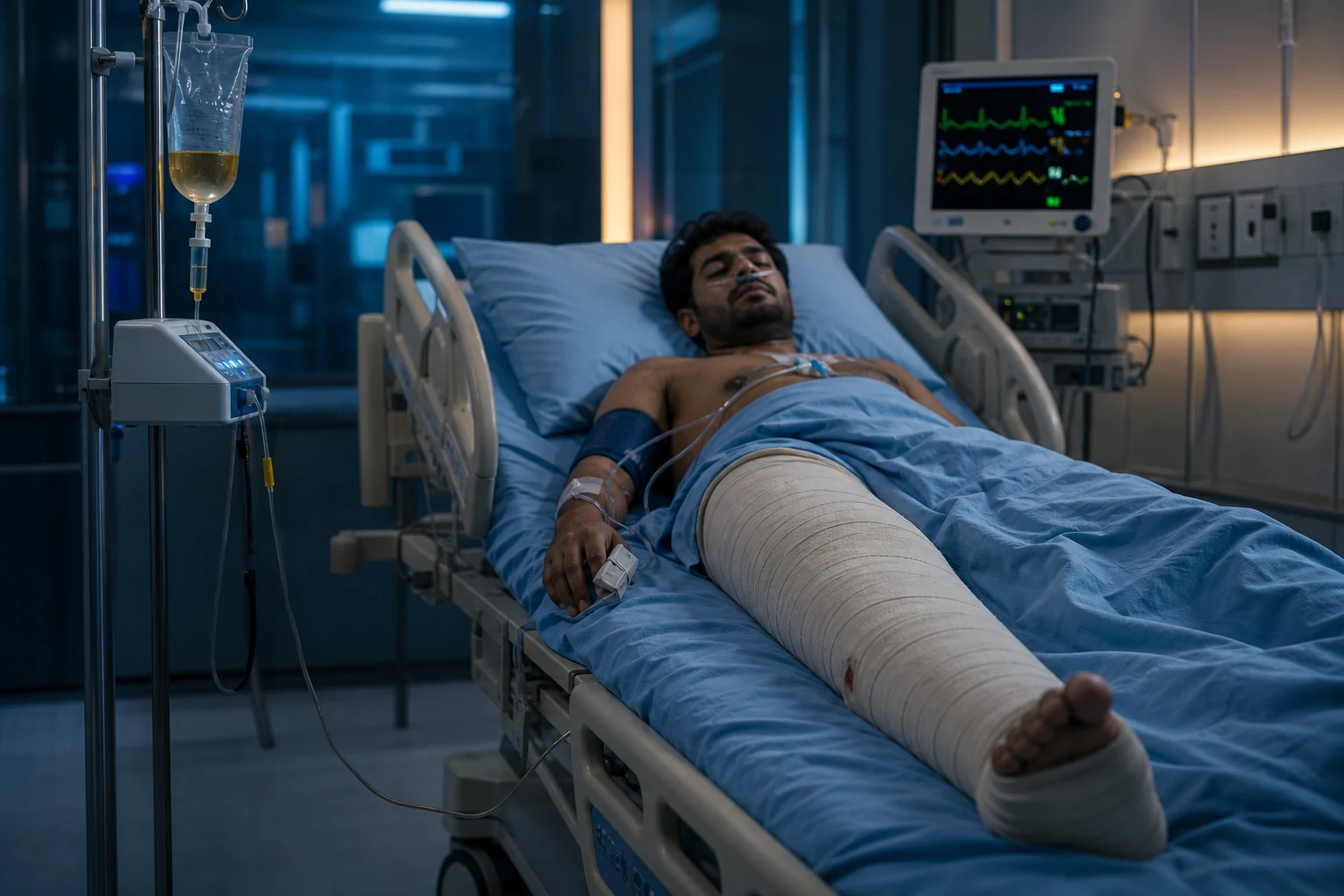 Cinematic ICU scene of a patient with a firmly wrapped pressure-immobilisation bandage covering a whole limb toward the trunk, an IV antivenom infusion set up, a faint bite mark at the bandage edge, vital-signs monitor glowing behind in clinical-blue light