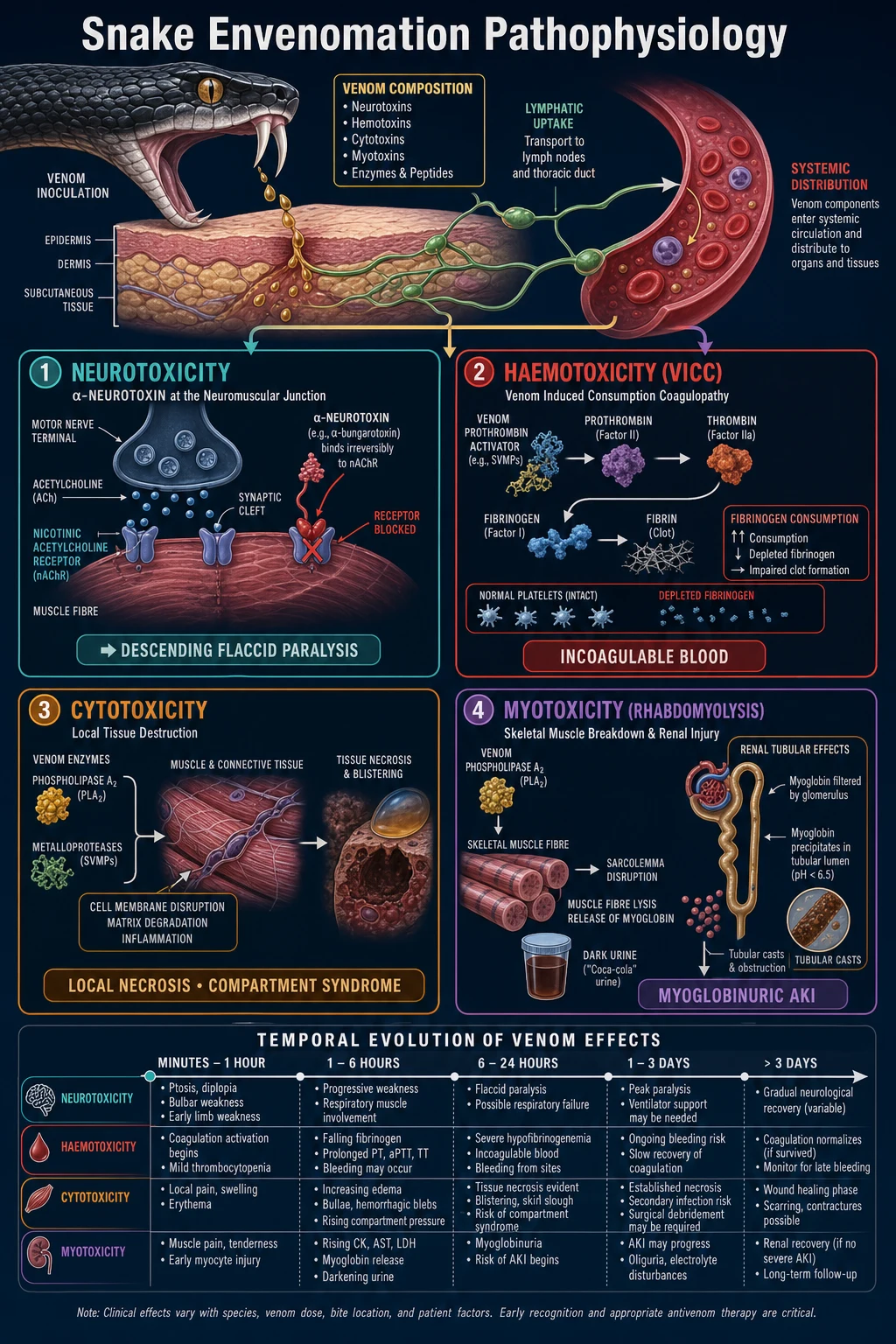 Educational diagram of elapid venom effects: neurotoxicity, venom-induced consumptive coagulopathy, myotoxicity and pressure-immobilisation principle
