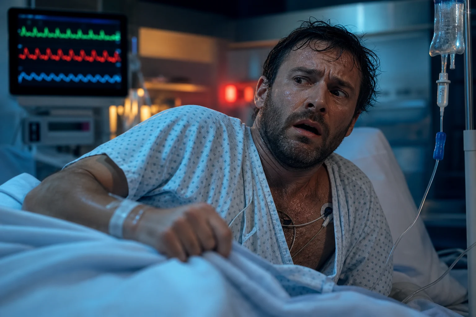 Cinematic ICU scene of an agitated tremulous diaphoretic patient pulling at the sheets and looking confused, a cardiac monitor showing a fast heart rate, IV drip running, clinical-blue lighting with a faint red warning glow
