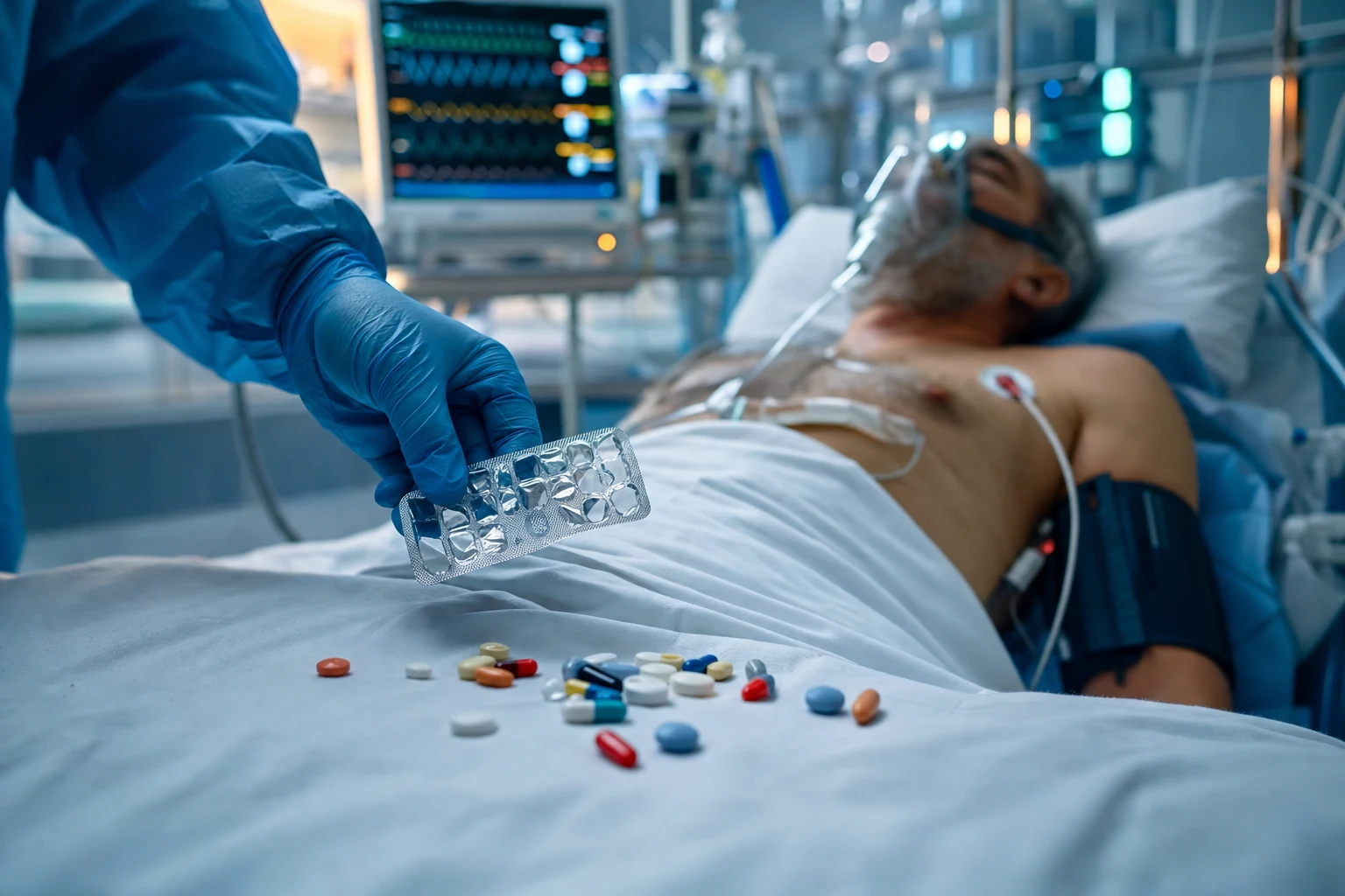 Cinematic ICU resuscitation scene of an unconscious poisoned patient on a monitored bed, a gloved hand holding an empty medication blister pack with scattered tablets, vital-signs monitor glowing behind in cool clinical-blue lighting