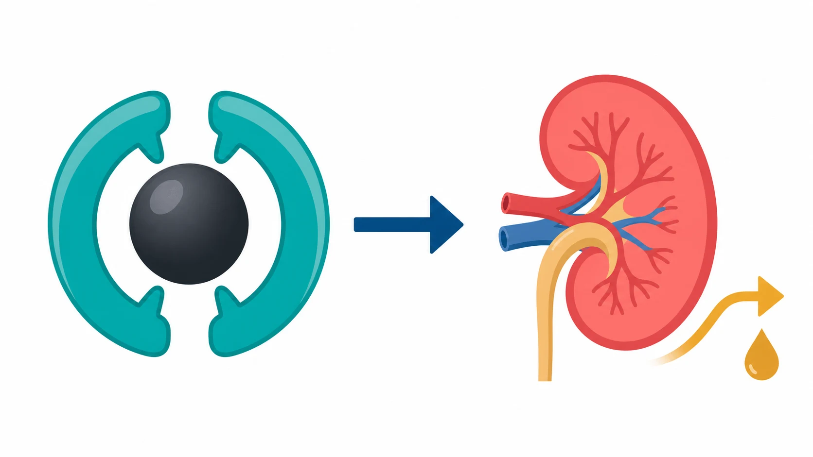 Flat infographic: a dark heavy-metal dot enclosed by a teal C-shaped chelator claw forming a closed ring, an arrow to a kidney exit icon, on a white clinical-blue background