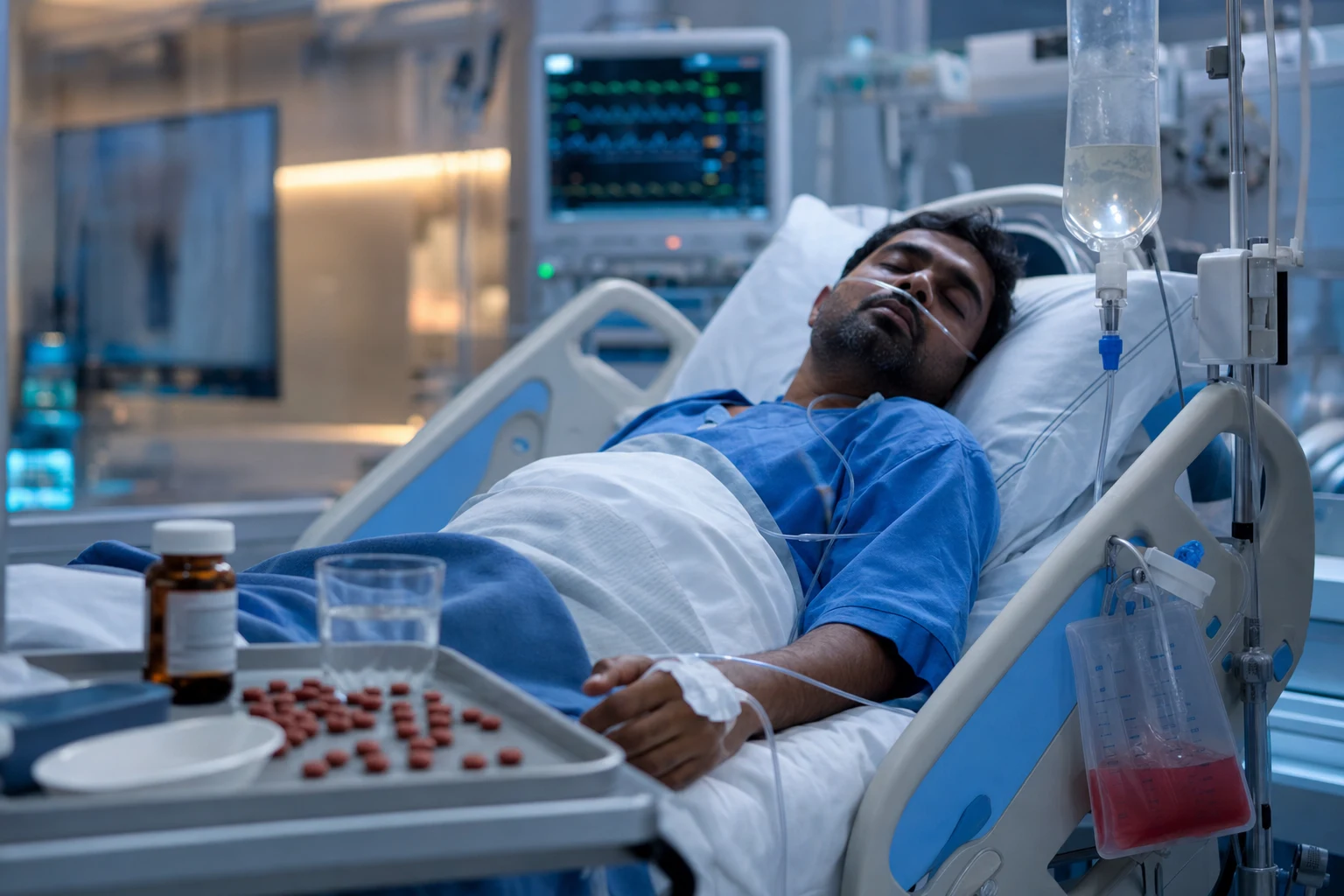 Cinematic ICU scene of an unwell patient with reddish-brown iron tablets on a tray, an IV chelator bag dripping, a bedside urine bag showing pinkish-red vin-rose urine, vital-signs monitor glowing behind in clinical-blue light