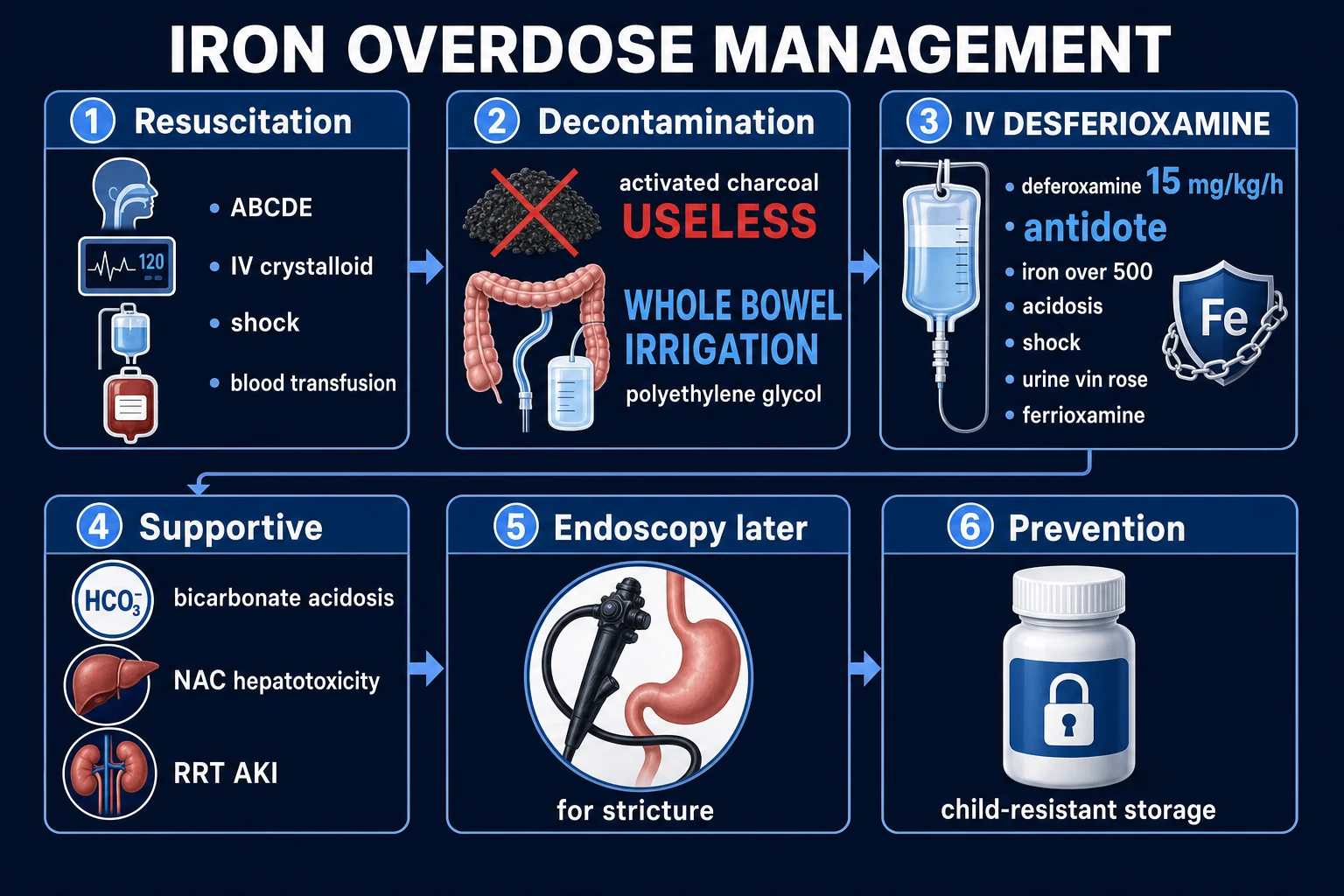 Iron overdose management pathway: ABC and fluid resuscitation, no activated charcoal, whole-bowel irrigation for radiopaque tablets, deferoxamine infusion for systemic toxicity or high serum iron, monitor vin-rose urine and acidosis resolution