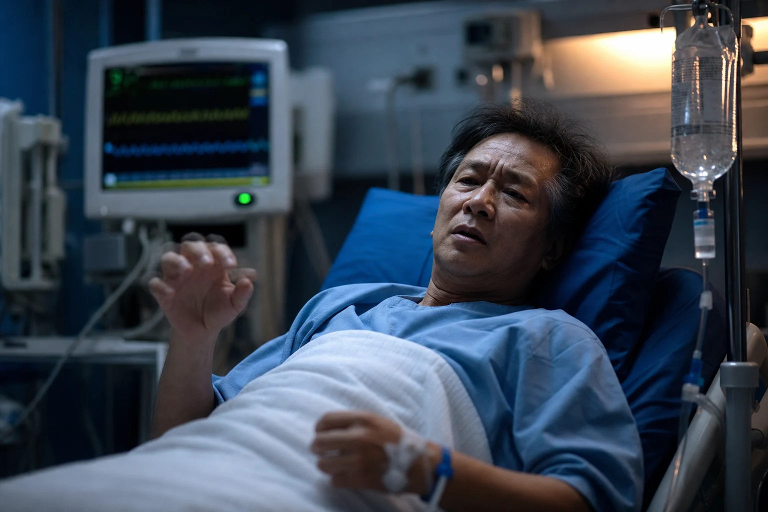 Cinematic ICU scene of a patient showing coarse hand tremor and facial twitching, looking confused, an IV normal saline bag dripping, vital-signs monitor glowing behind in clinical-blue light