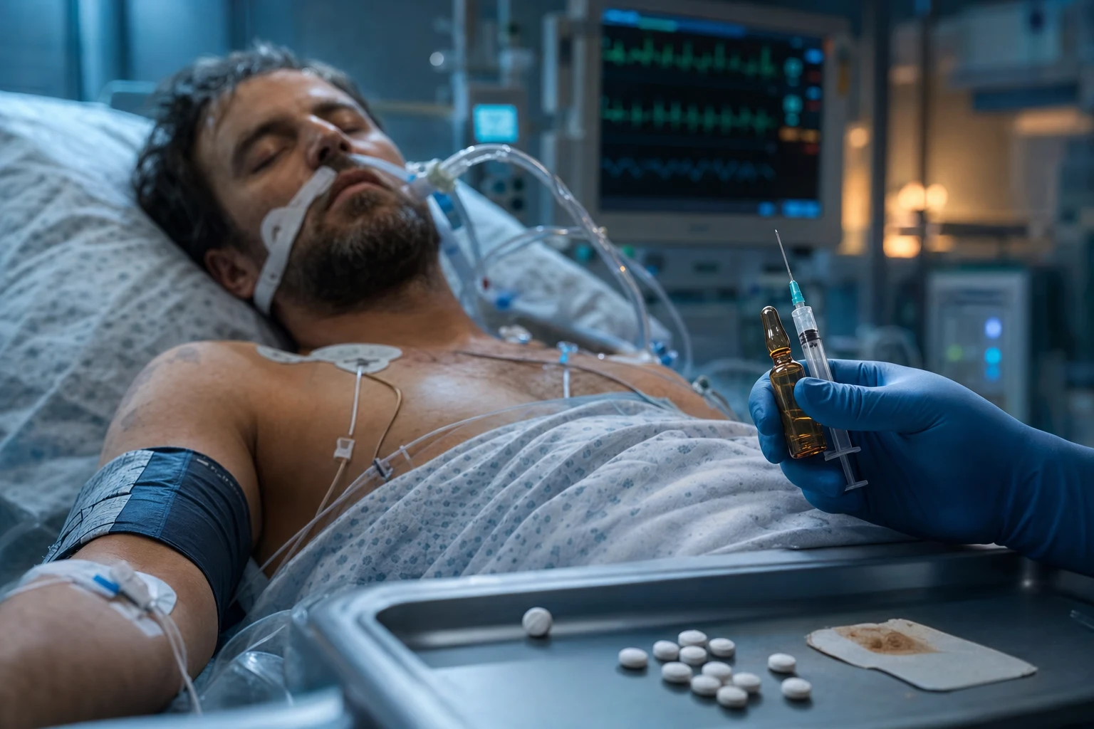 Cinematic ICU scene of an unconscious patient with a naloxone ampoule and syringe in a gloved hand beside scattered tablets and a used transdermal patch, vital-signs monitor glowing behind in clinical-blue light