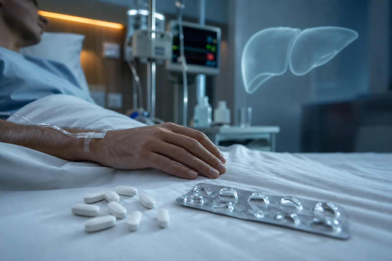 Cinematic hospital bedside with scattered white paracetamol tablets and an empty blister strip, an IV drip line, soft clinical-blue lighting, a faint translucent liver silhouette in the background