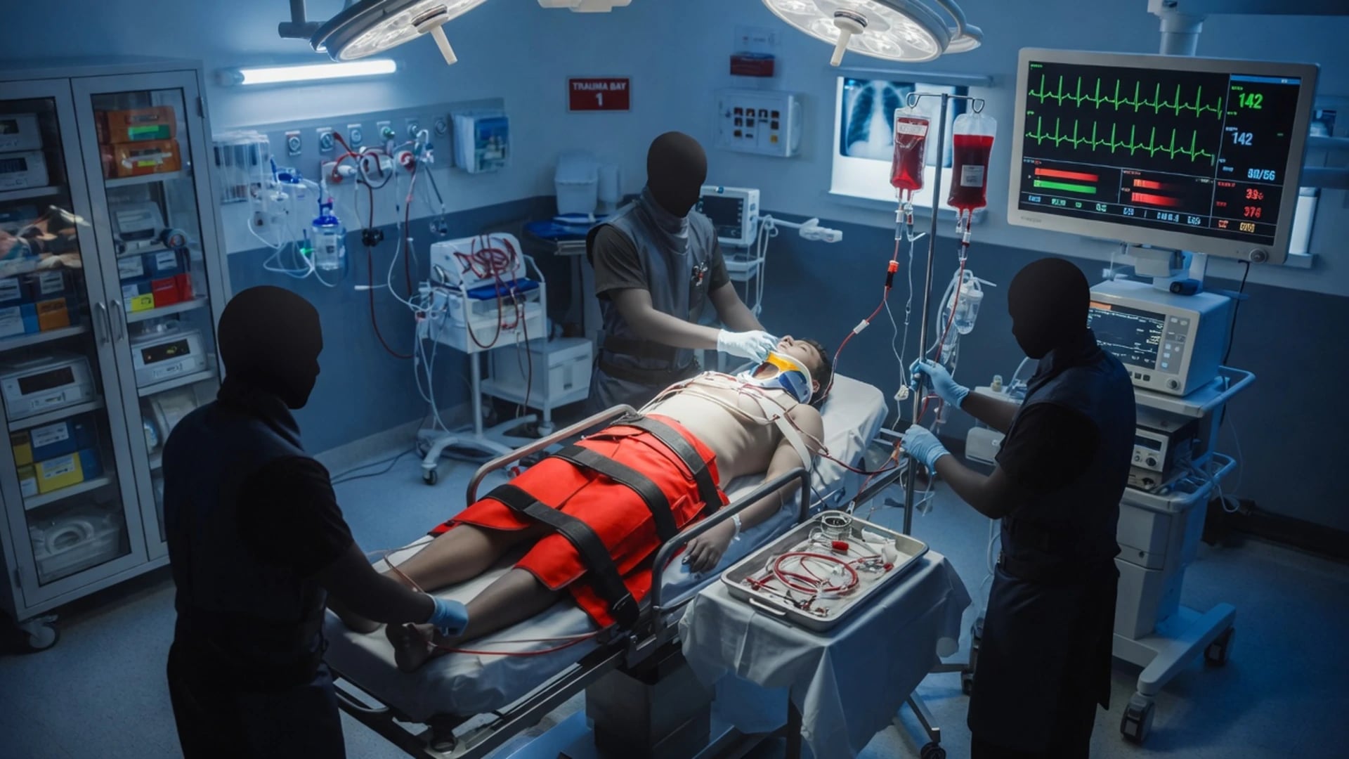 Cinematic ICU scene of an unconscious poisoned patient with a toxidrome reference card on the wall, activated charcoal and a urinary drug screen, an antidote tray, a cardiac monitor, an ECG with QRS widening suggesting sodium-channel blockade, clinical-blue lighting, no faces, no text