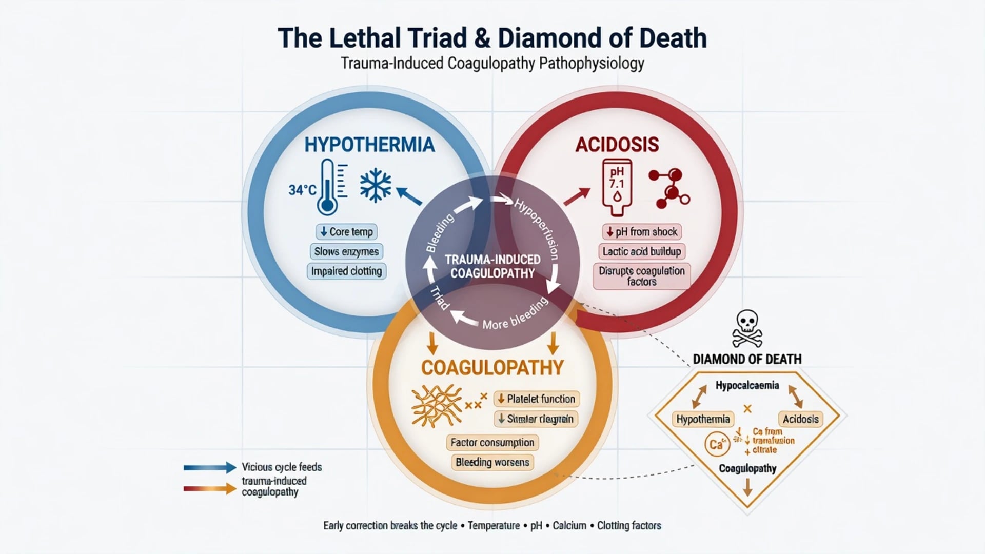 Educational infographic comparing five toxidromes: opioid, anticholinergic, cholinergic, sympathomimetic and sedative-hypnotic with pupil, heart-rate and temperature icons