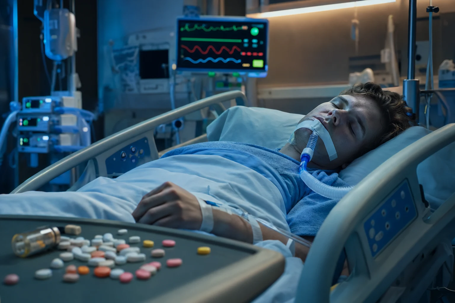 Cinematic ICU scene of a young adult deeply sedated with scattered unlabelled colourful tablets and a small vial on a tray suggesting recreational drug use, IV line, vital-signs monitor glowing behind in clinical-blue light