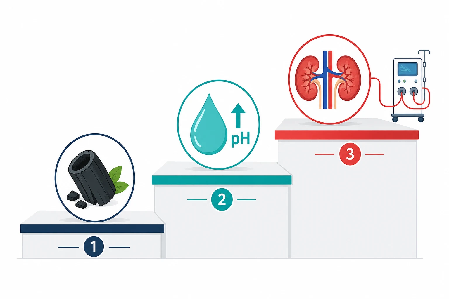 Three ascending staircase steps: charcoal pod, urine drop with up-arrow, kidney connected to a dialysis machine, on a white clinical-blue background