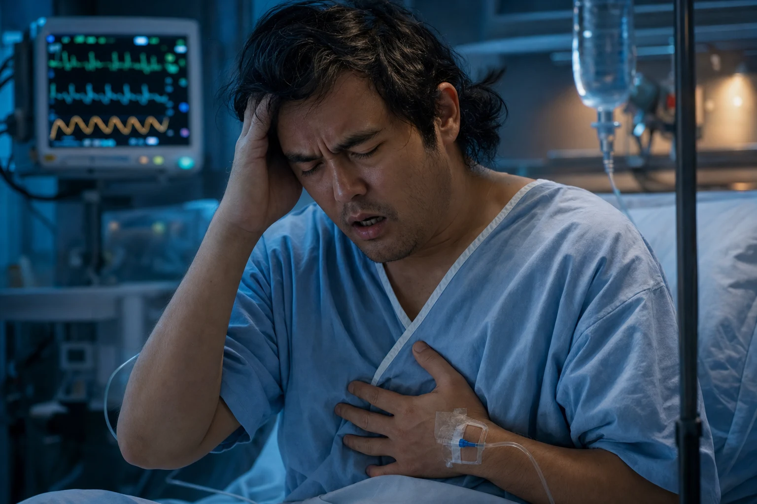 Cinematic ICU scene of a distressed patient sitting upright breathing rapidly and deeply, holding their head, with a glowing vital-signs monitor behind in clinical-blue light
