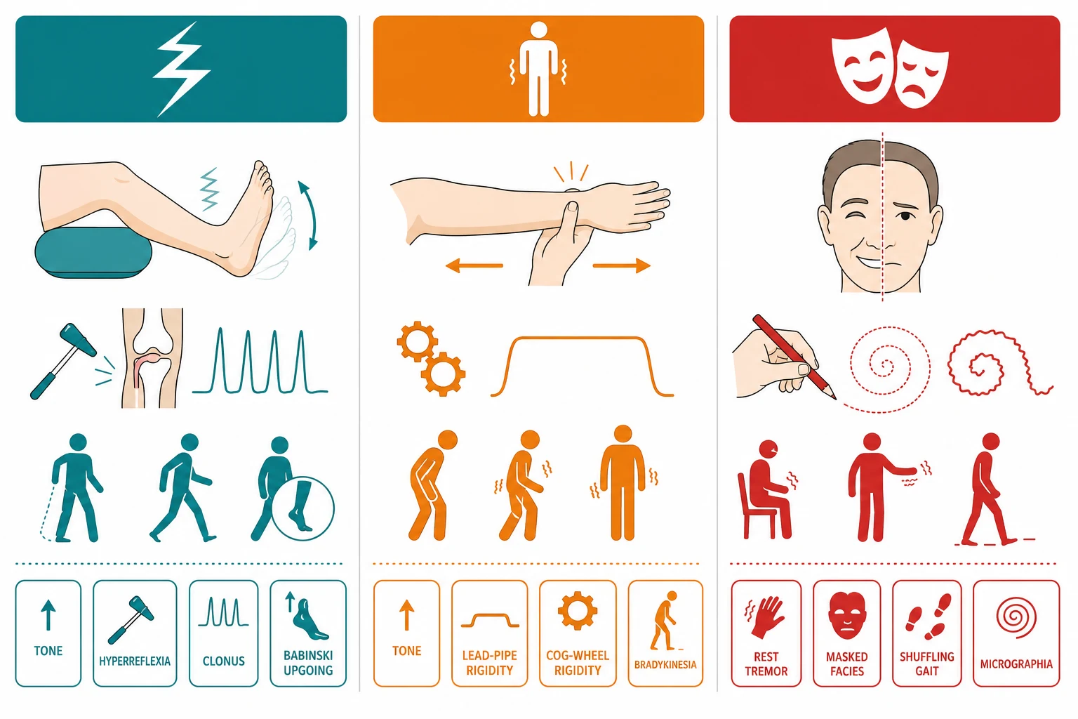 Three-column flat infographic: teal column with a clonus lightning icon, orange column with a stiff rigid figure icon, red column with a theatre mask icon, on a white clinical-blue background