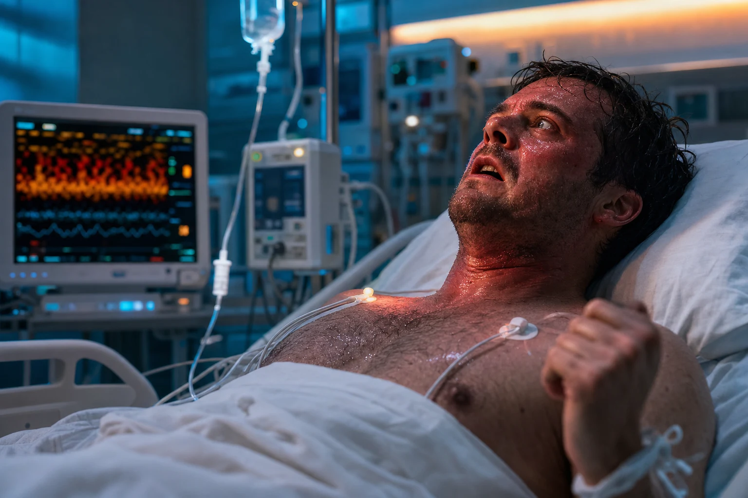 Cinematic ICU scene of an agitated diaphoretic patient showing muscle rigidity and tremor, a temperature monitor glowing, IV sedation running, clinical-blue lighting with a faint red heat-suggestive glow on the skin