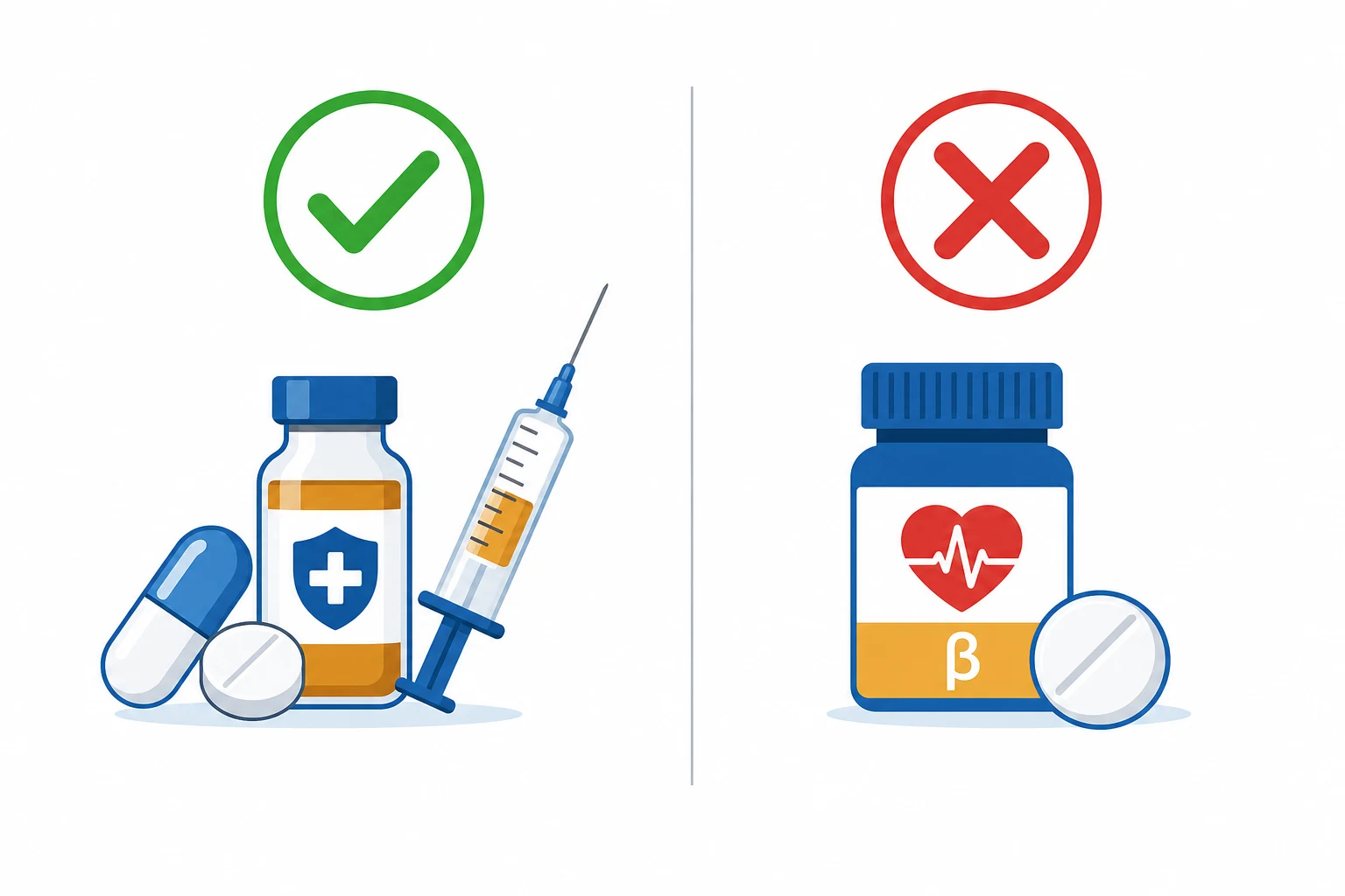 Two side-by-side cards: left card with a green checkmark over a pill-and-syringe icon, right card with a red cross over a beta-blocker-pill icon, on a white clinical-blue background
