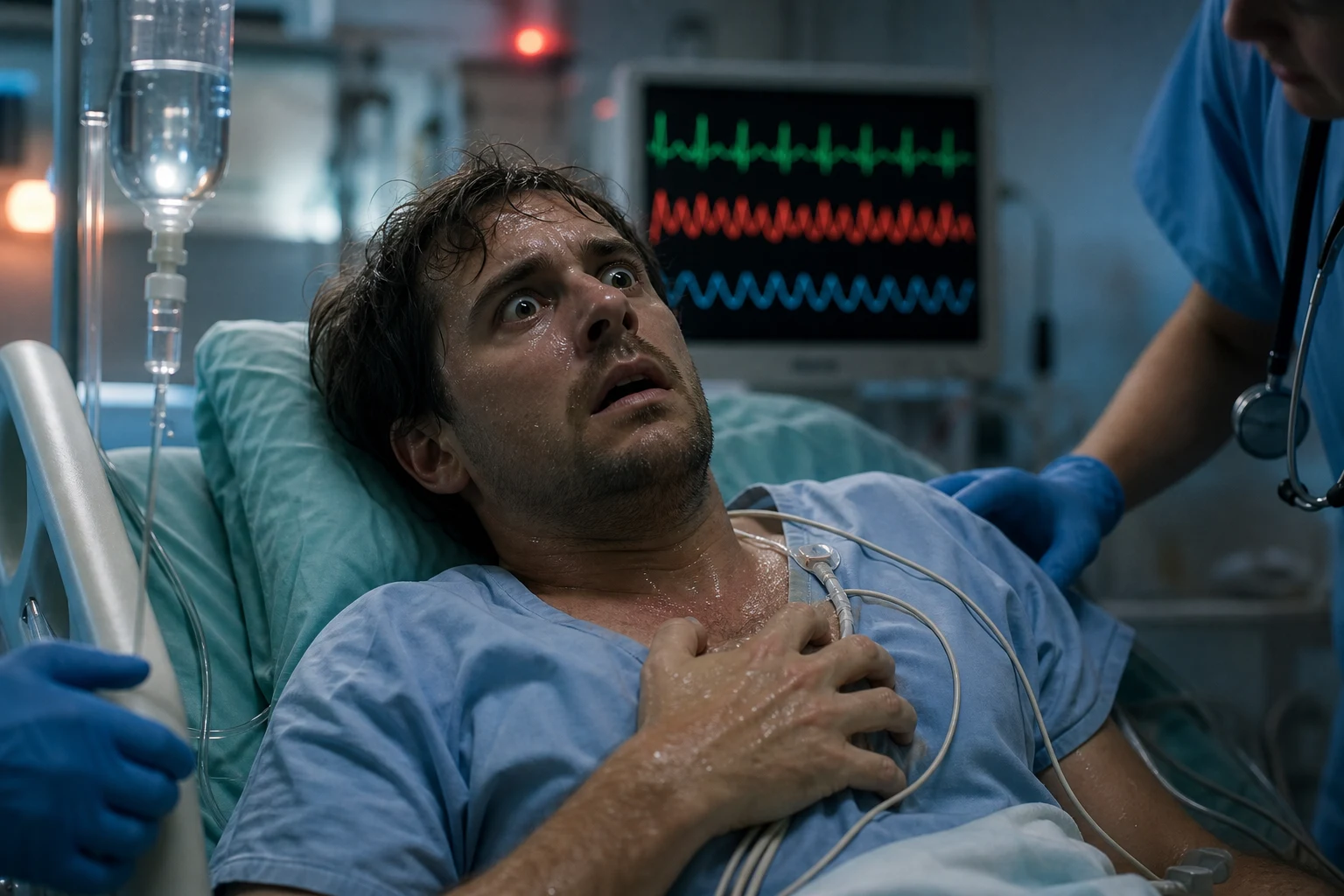 Cinematic ICU scene of an agitated diaphoretic patient clutching their chest, wide staring eyes, a cardiac monitor showing tachycardia, IV benzodiazepine running, clinical-blue lighting with a faint red warning glow