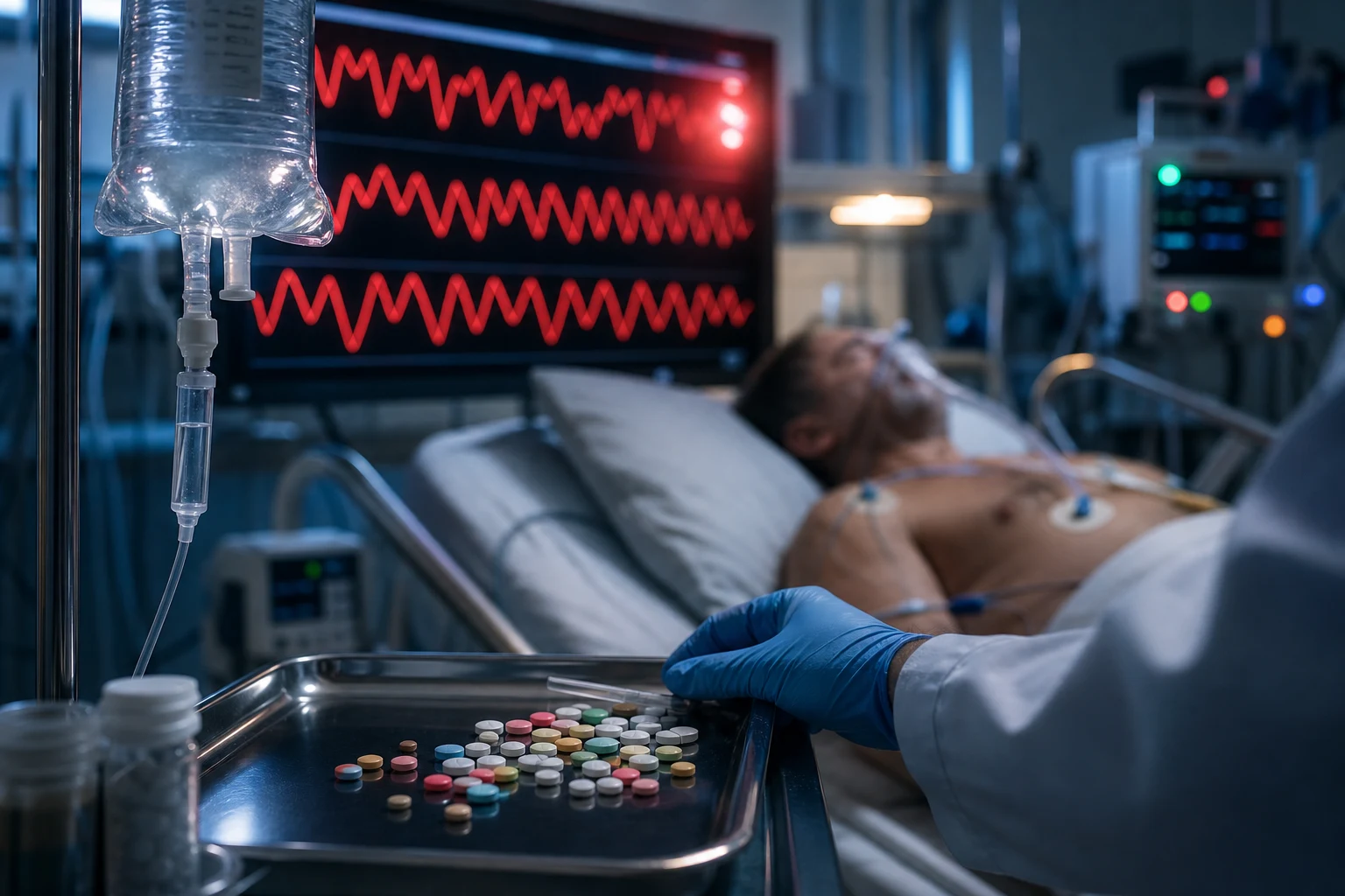 Cinematic ICU scene of an unconscious patient on a monitored bed, a cardiac monitor showing a wide abnormal ECG waveform, an IV sodium bicarbonate bag dripping, scattered antidepressant tablets on a tray, clinical-blue lighting with a faint red warning glow on the monitor
