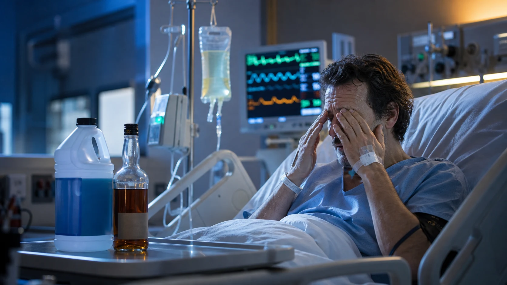 Cinematic ICU scene of an anxious patient holding their hands near their eyes suggesting failing vision, an antifreeze-style bottle and a spirits bottle on a tray, an IV antidote bag dripping, vital-signs monitor glowing behind in clinical-blue light