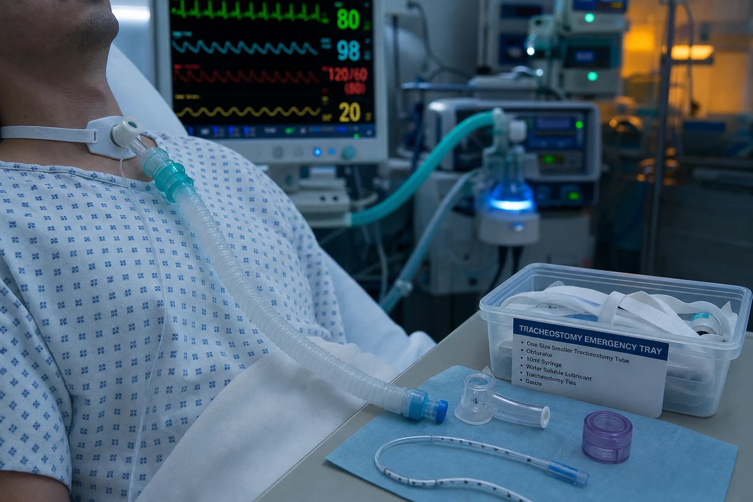 Cinematic ICU scene of an intubated patient with a percutaneous tracheostomy in situ between the second and third tracheal rings, a bronchoscope guiding placement, securement ties, bedside emergency tracheostomy equipment (obturator, spare tube, tracheal dilators) on a tray, clinical-blue lighting, no faces, no text