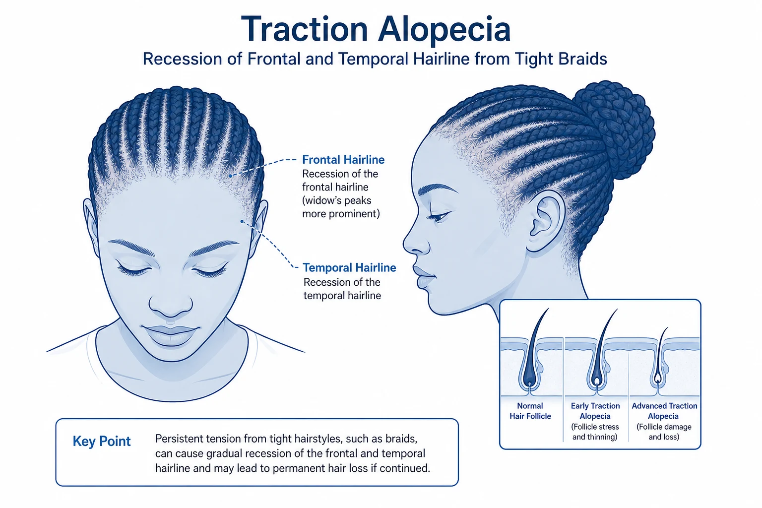 Marginal recession of the frontal and temporal hairline with decreased follicular density and a retained fringe of fine vellus hairs along the very rim