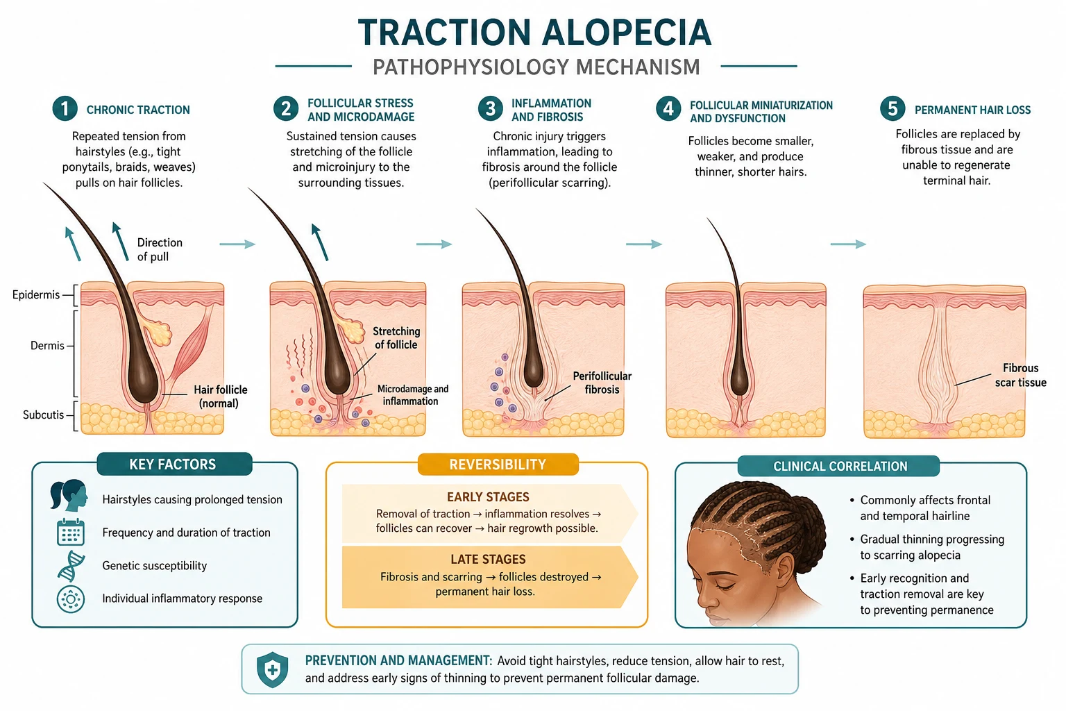 The five-step mechanical cascade: tension → microtrauma → trichomalacia → fibrosis → permanent follicular loss