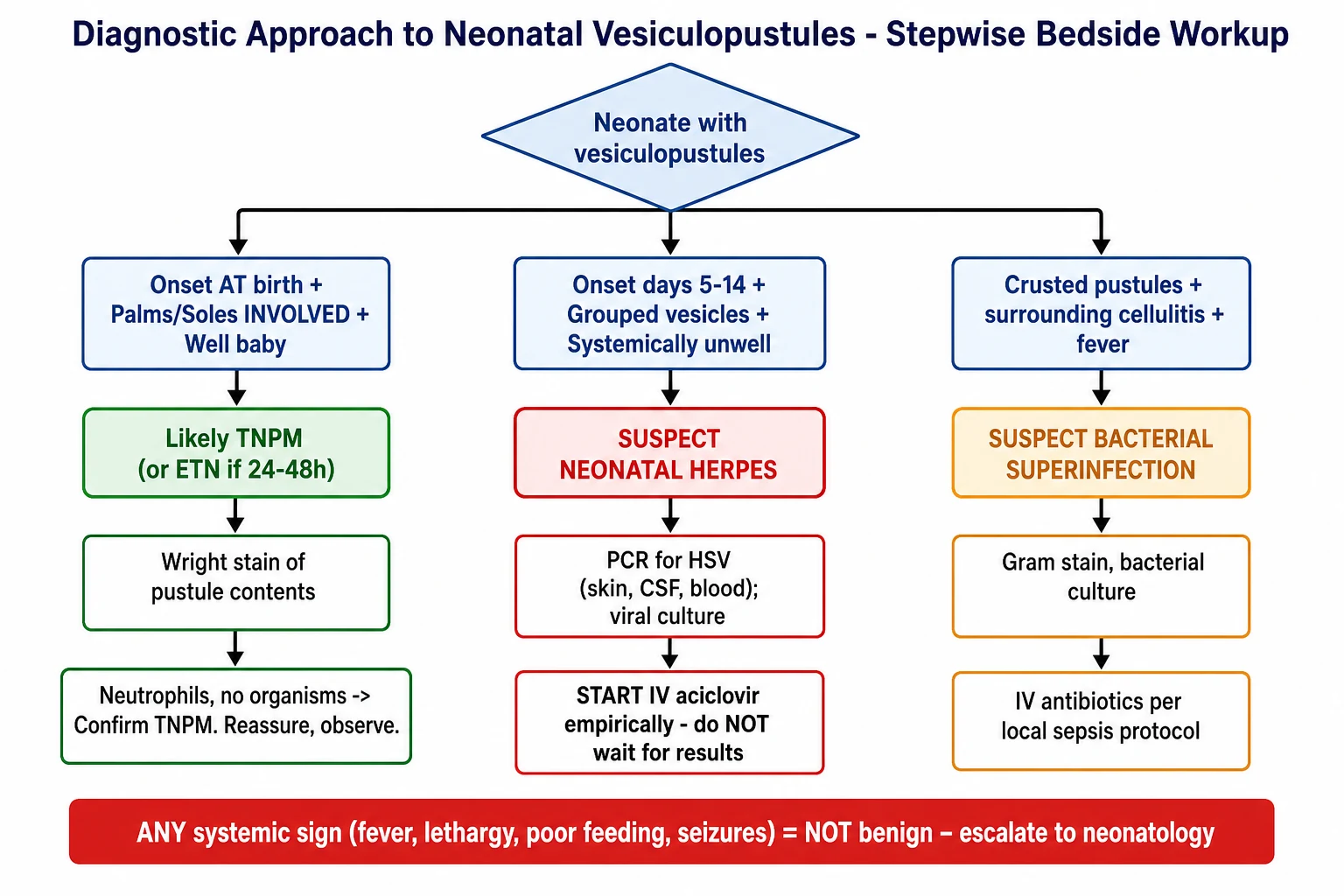 Diagnostic flowchart for neonatal vesiculopustules showing three branches based on onset and clinical state: at birth and well baby pathway suggesting TNPM, days 5 to 14 with systemic illness pathway for herpes, and crusted pustules with cellulitis pathway for bacterial superinfection
