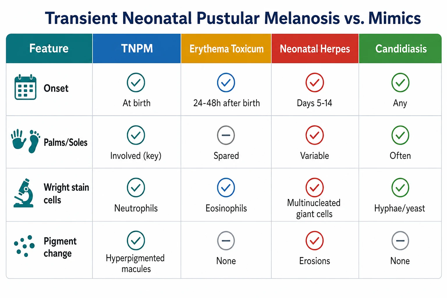 Comparison table infographic contrasting TNPM with erythema toxicum, neonatal herpes and candidiasis across five diagnostic features: onset, palms and soles, Wright stain cells, pigment change and morphological pattern