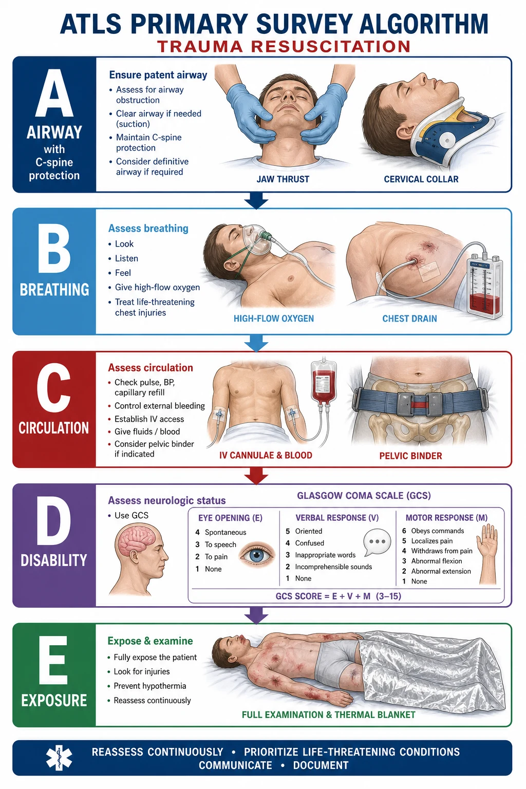 ATLS primary survey algorithm: Airway, Breathing, Circulation, Disability, Exposure.