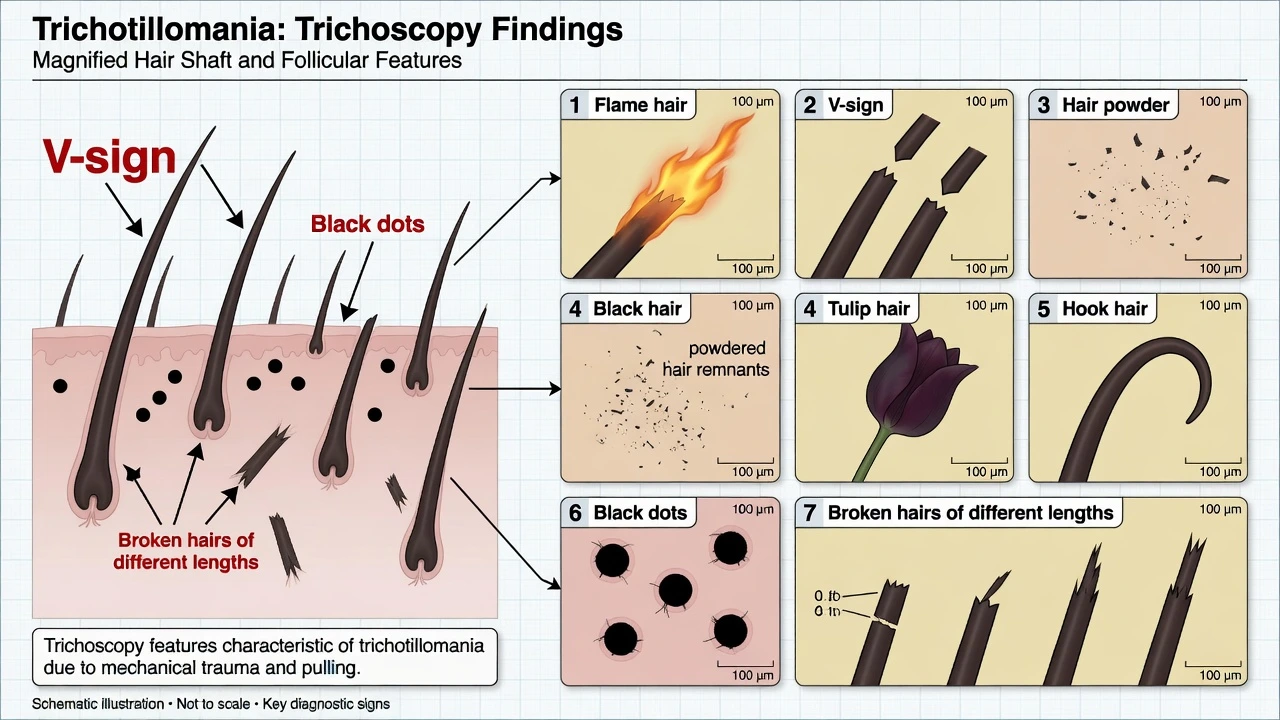 Educational labelled trichoscopy panel for trichotillomania showing flame hair, V-sign, hair powder, tulip and hook hairs