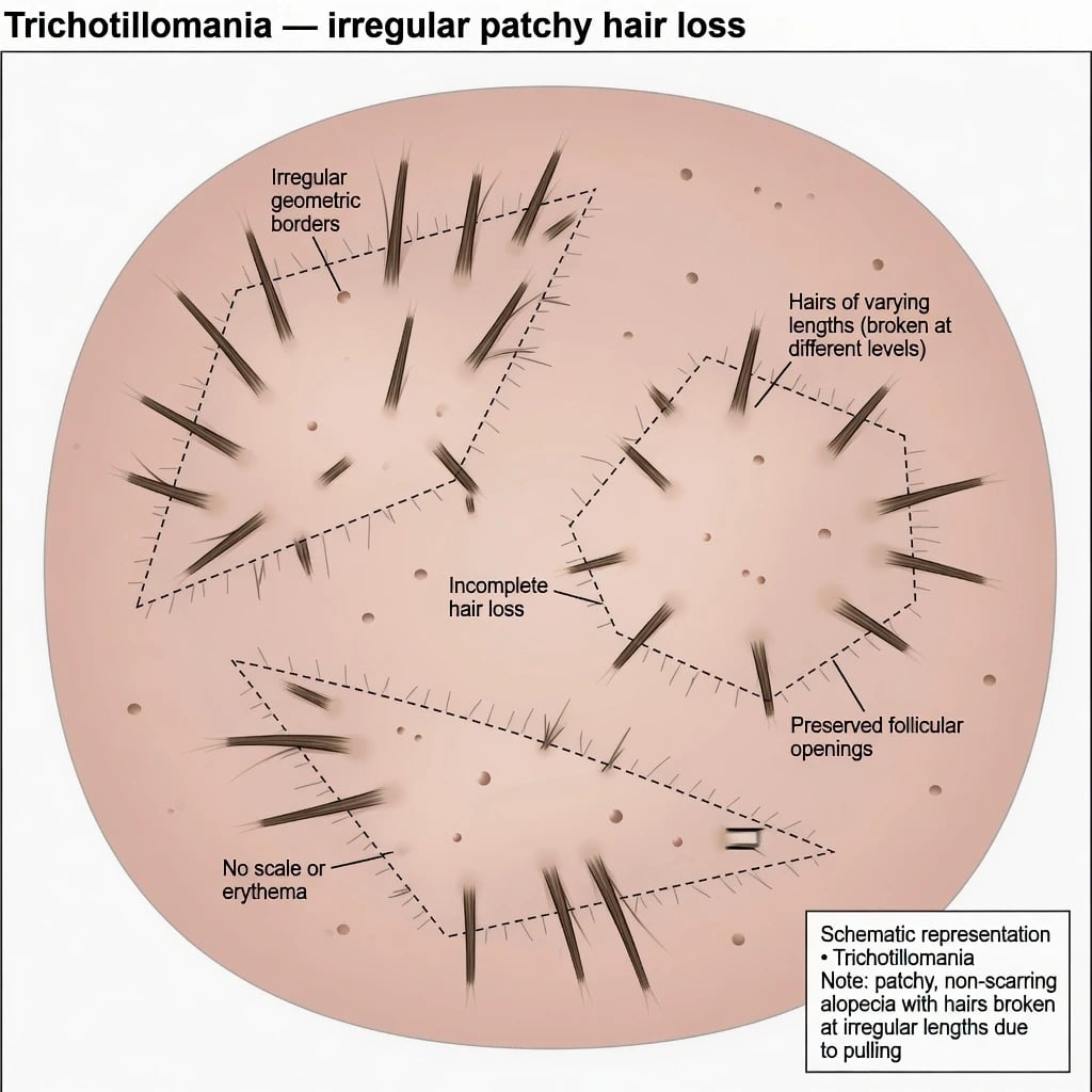 Educational illustration of trichotillomania showing irregular patchy scalp hair loss with broken hairs of varying lengths and preserved follicular openings