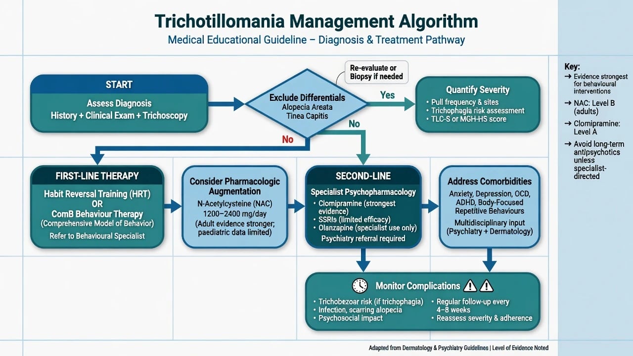 Educational management algorithm for trichotillomania from diagnosis through behavioural therapy and selected pharmacotherapy
