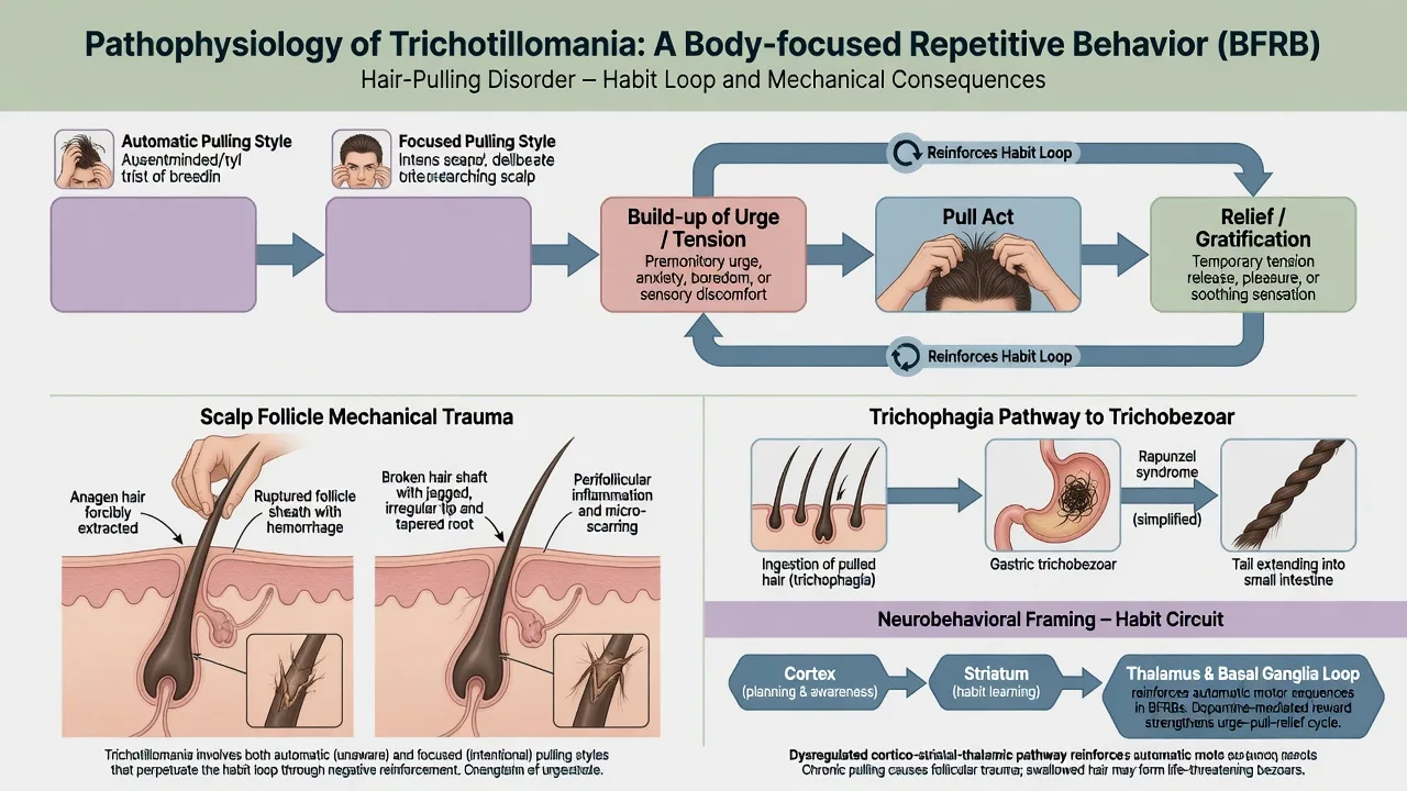 Educational flowchart of trichotillomania habit loop and trichophagia pathway to trichobezoar
