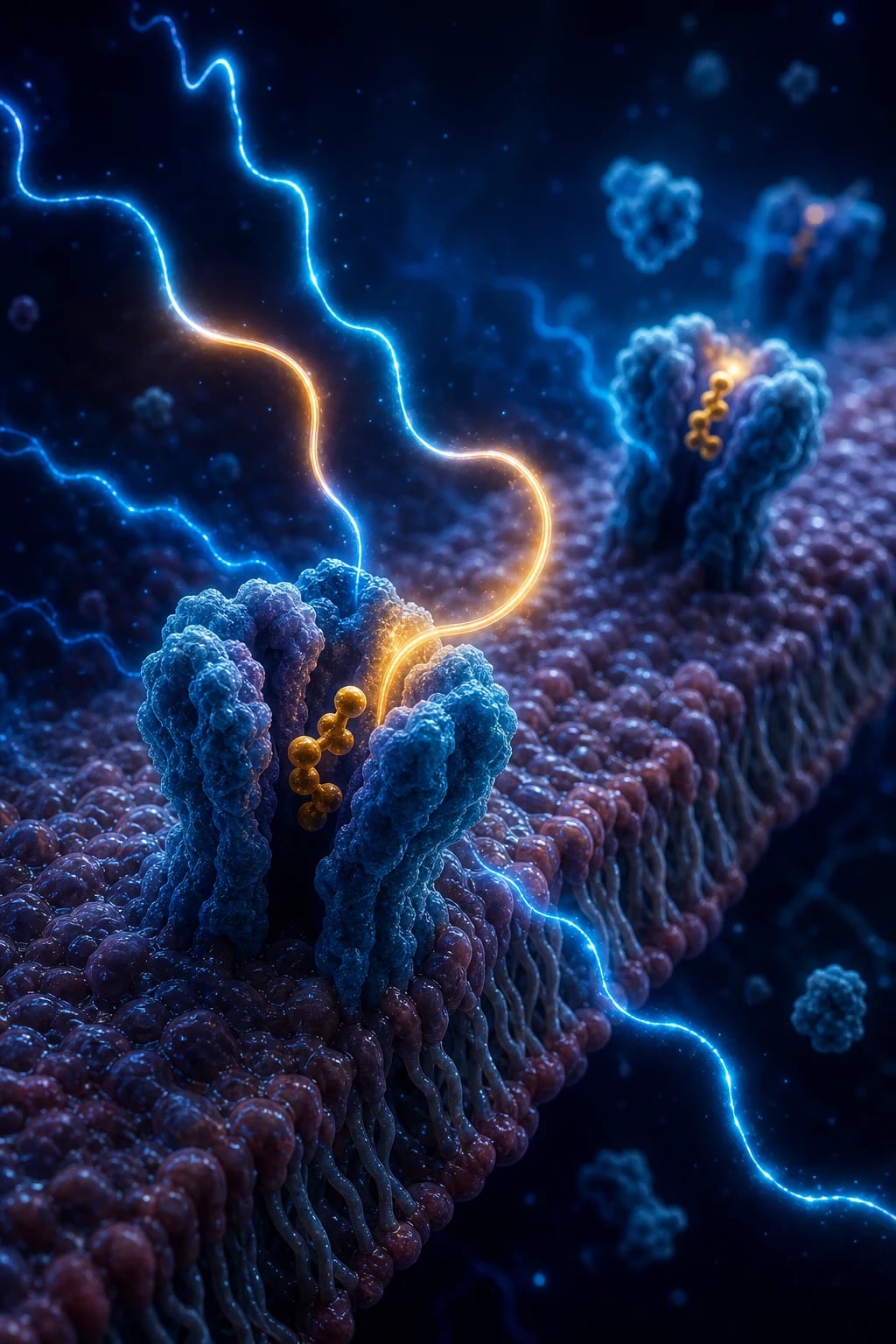 Cinematic 3D abstract illustration of cardiac fast sodium channels being blocked by tricyclic antidepressant molecules, with distorted widened-QRS electrical waveforms and dilated pupils, against a deep navy background