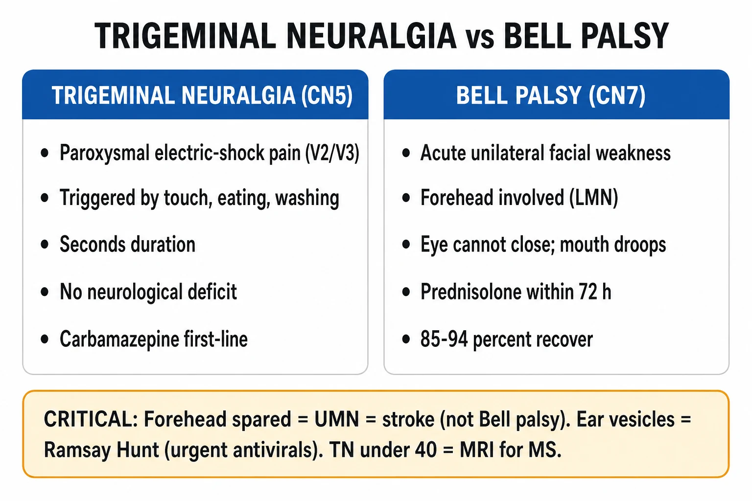 Clean two-ladder management infographic: trigeminal neuralgia carbamazepine to surgery; Bell palsy prednisolone within 72 hours and eye protection