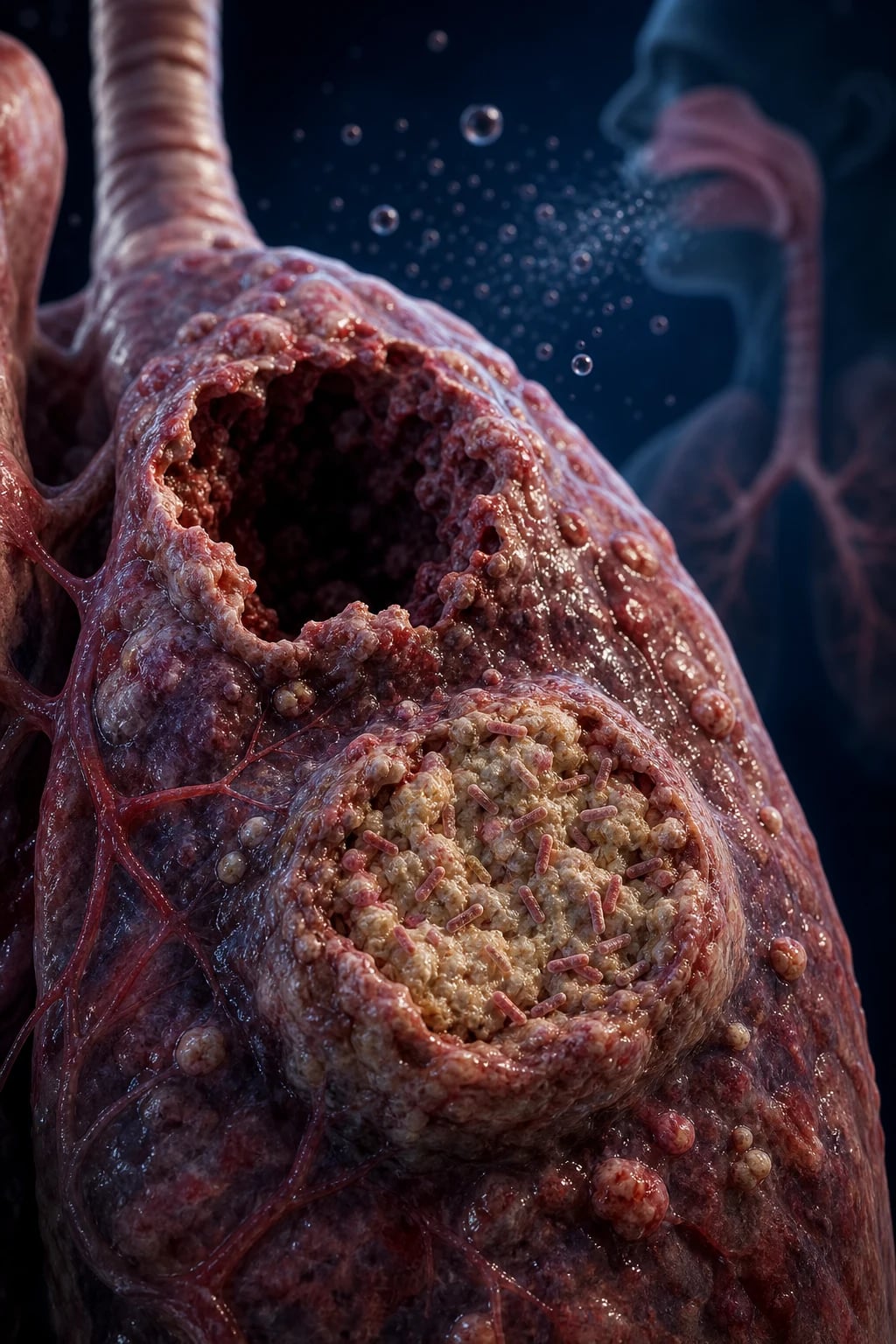 Cinematic 3D close-up of Mycobacterium tuberculosis bacilli — slender, slightly curved, acid-fast rod-shaped organisms clustering within an alveolar macrophage at the edge of a developing granuloma, deep navy background