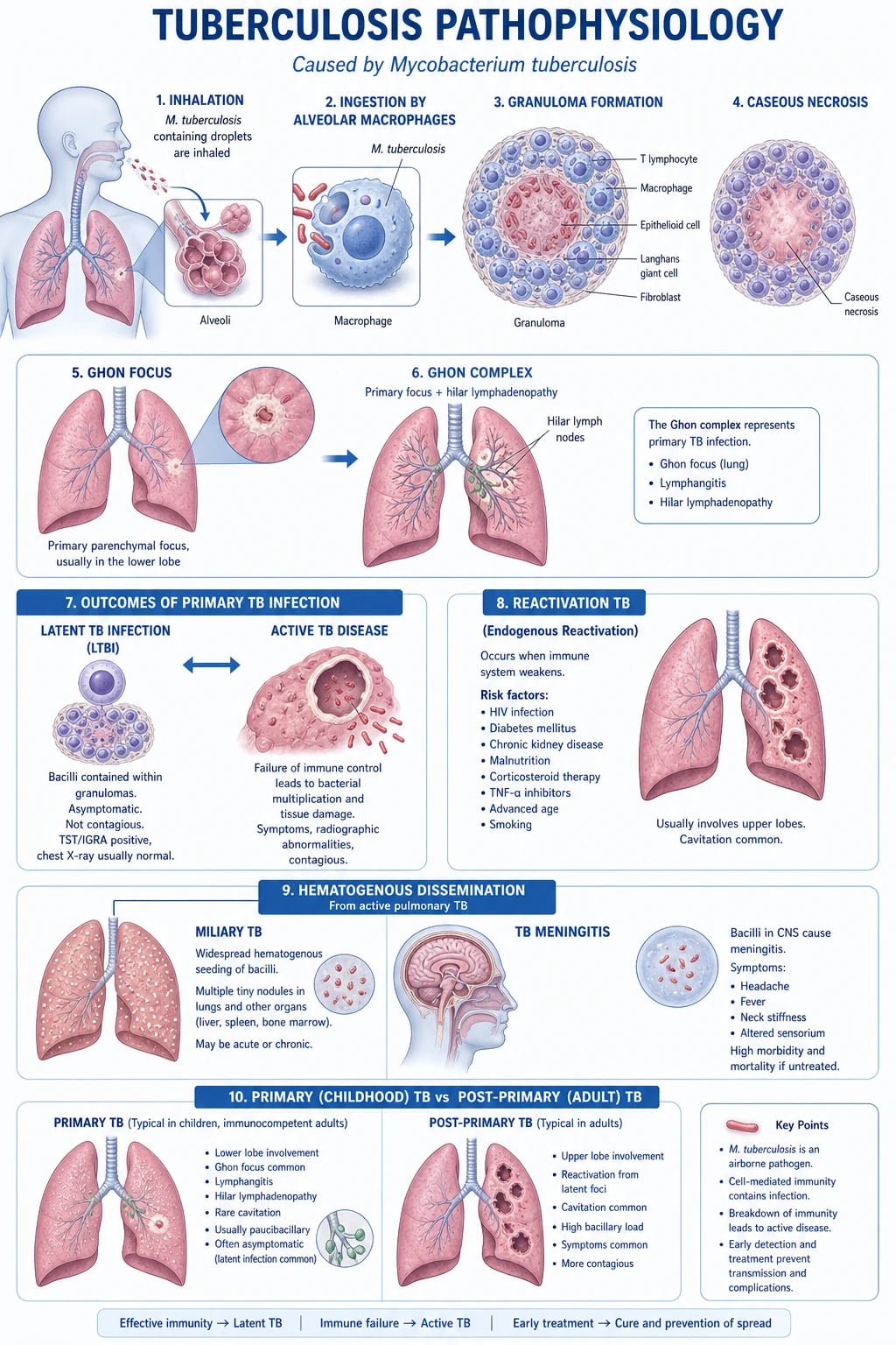 Tuberculosis pathophysiology educational diagram