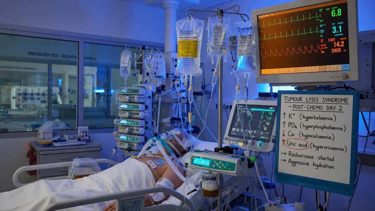 Cinematic ICU scene of tumour lysis syndrome — a haematology patient after chemotherapy, a metabolic panel of hyperkalaemia, hyperphosphataemia, hypocalcaemia and hyperuricidaemia, an ECG with peaked T waves, rasburicase and hydration running, clinical-blue lighting, medical educational, no faces, no text