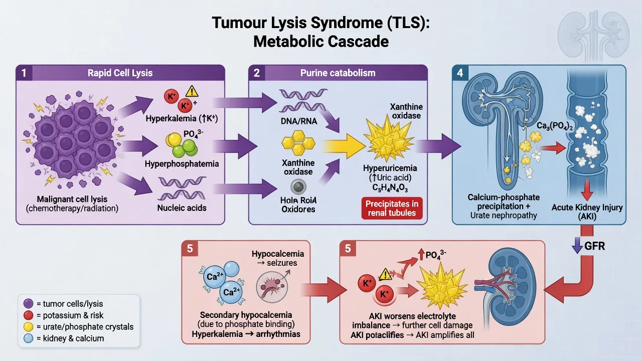 Educational schematic of tumour lysis syndrome cascade: cell lysis releasing potassium phosphate nucleic acids, uric acid generation, calcium-phosphate precipitation, AKI amplifying loop