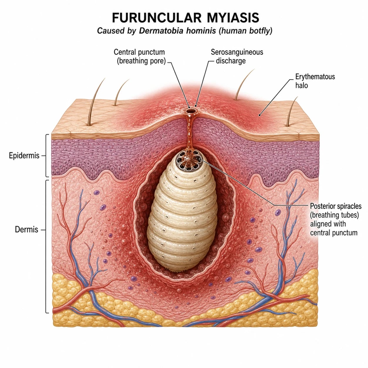 Cross-section of furuncular myiasis: a white segmented Dermatobia hominis larva embedded in the dermis of a furuncle-like nodule, with posterior spiracles aligned to a central breathing pore on the skin surface, surrounded by an erythematous halo and serosanguineous discharge
