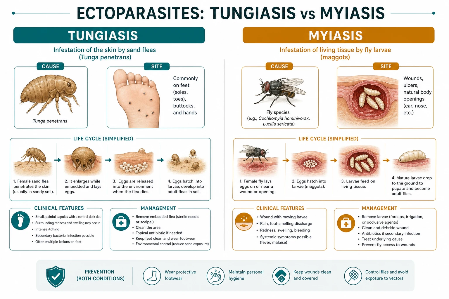 Four-panel comparison of ectoparasitoses: scabies burrows, tungiasis black-dot nodule on toe, furuncular myiasis with breathing pore, and cutaneous larva migrans serpiginous track