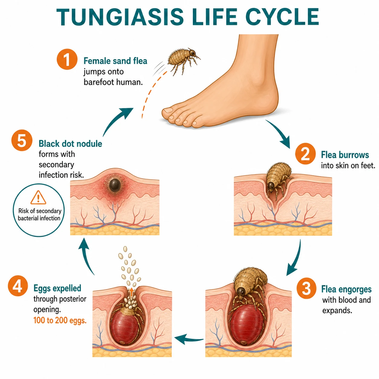 Tungiasis lifecycle diagram: female sand flea jumps onto a barefoot human, burrows into the foot skin, engorges with blood, expels 150 to 200 eggs through the posterior opening, and forms a black-dot nodule with secondary infection risk